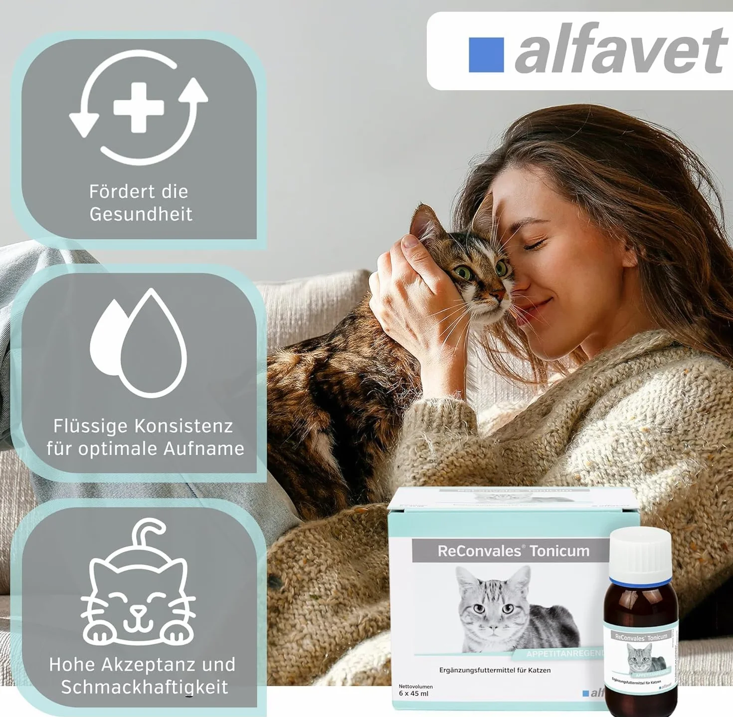 Alfavet ReConvales Tonicum Gatto (6 x 45 ml) – Mangime complementare liquido ad alta energia per gatti – con nutrienti selezionati, elevata appetibilità