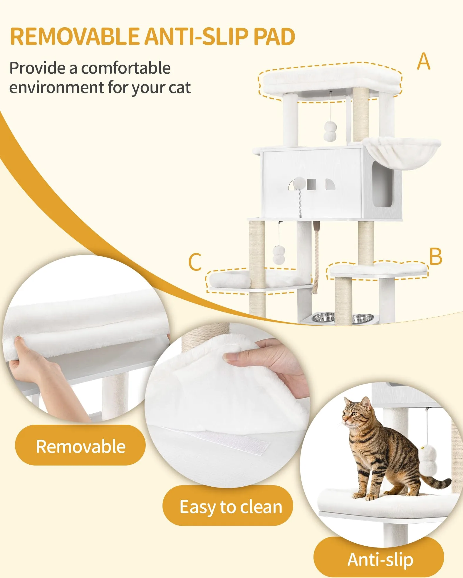 Hzuaneri Mobile Lettiera per Gatti, Albero Tiragraffi per con Ciotole, Condominio per Gatti Multilivello 173 cm, Amaca, Cuscino in Peluche Removibile e Lavabile, Bianco CB89013WT
