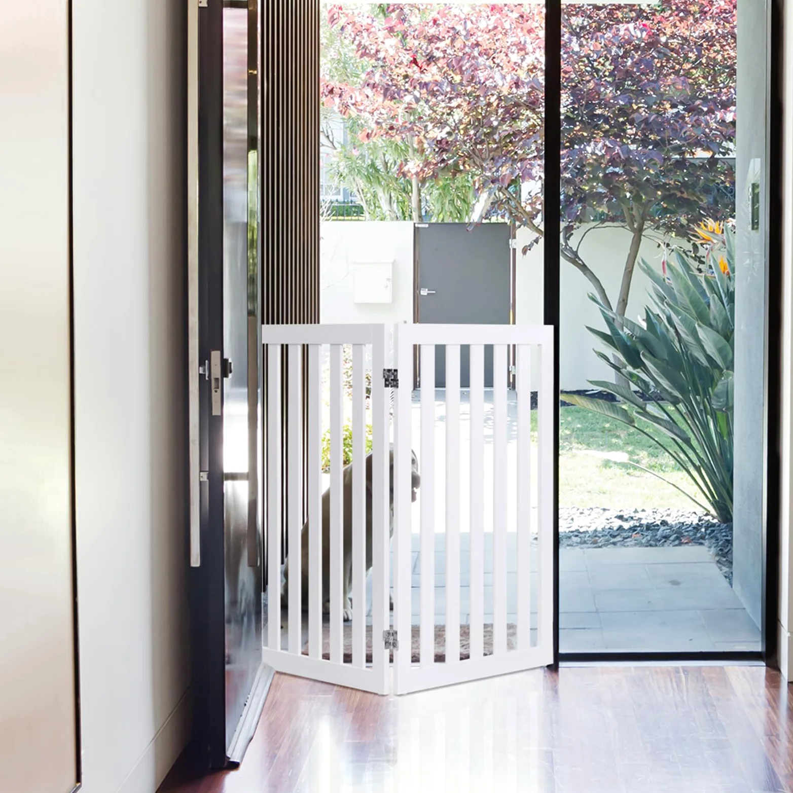 COSTWAY Cancelletto per Cani Pieghevole in Legno con 2 Ante, Ideale per Scale, Soggiorno e Cucina, 89 x 101 cm, Bianco