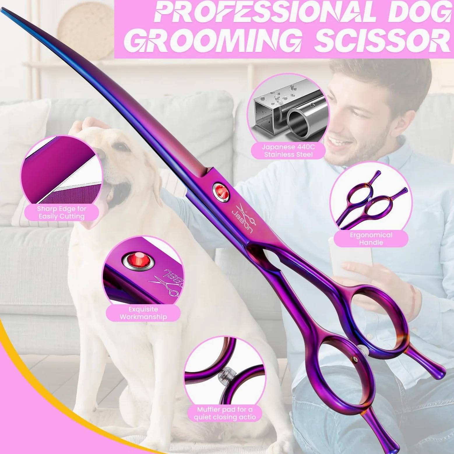 JASON Forbici professionali curve per cani - Forbici per cani da toelettatura da 7,5" Forbici per animali domestici per la toelettatura di cani e gatti (curve verso il basso, viola)