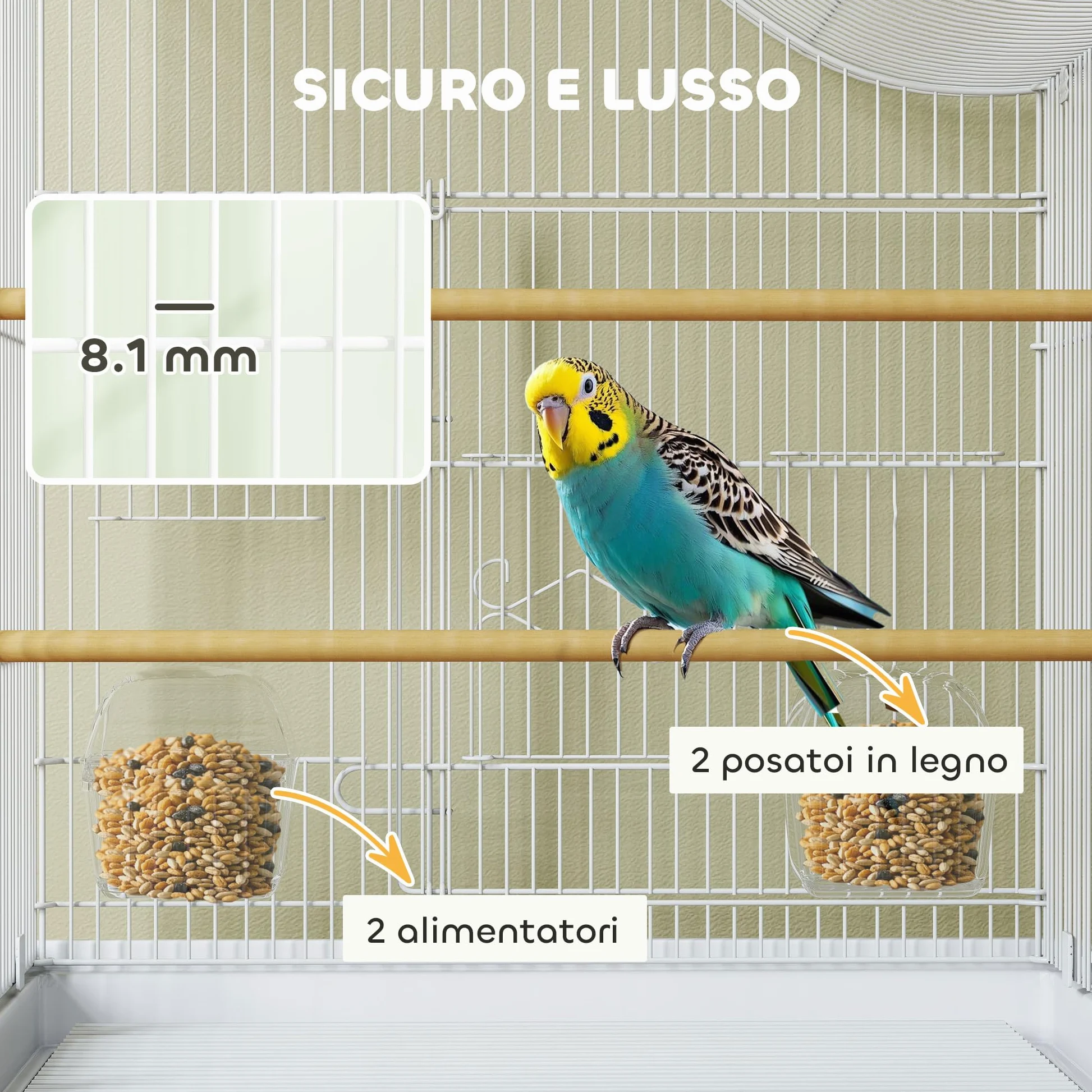 PawHut Gabbietta per Uccelli a 4 Ingressi con 2 Ciotole, 2 Posatoi e Vassoio Estraibile, Voliera in Metallo e Plastica, 47.5x36x54.5 cm, Bianco