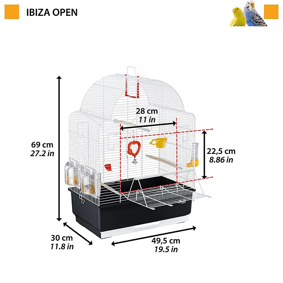 Ferplast Gabbia per Uccelli IBIZA OPEN Gabbia per Canarini, Bengalini, Cocorite, Inseparabili, in Metallo, Accessori inclusi Posatoi Mangiatoie Girevoli, 49,5 x 30 x h 69 cm.