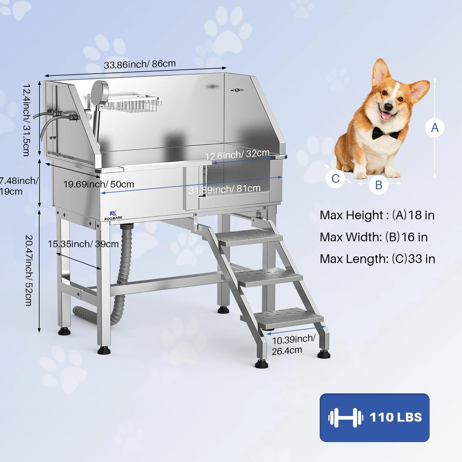 Vasca Lavaggio Cani Professionale, Bacinella Grande per Cani con Scale, Soffione, Porta Scorrevole, Capacità di Carico 50KG, Vasca da Bagno per Animali Medi & Piccoli (Porta Sinistra)