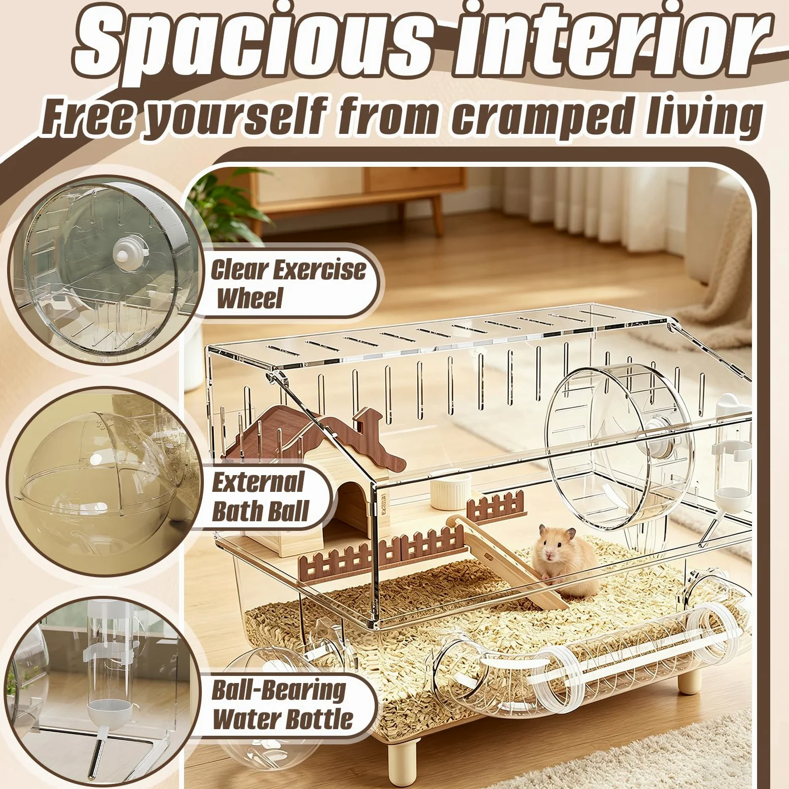 Gabbia per Criceti, 43 x 30 x 34 cm Villa in Acrilico per Criceti a Due Piani con Area di Riposo Ruota per Esercizi Tunnel Bagno Esterno Bollitore e Ciotola per il Cibo per Piccoli Animali