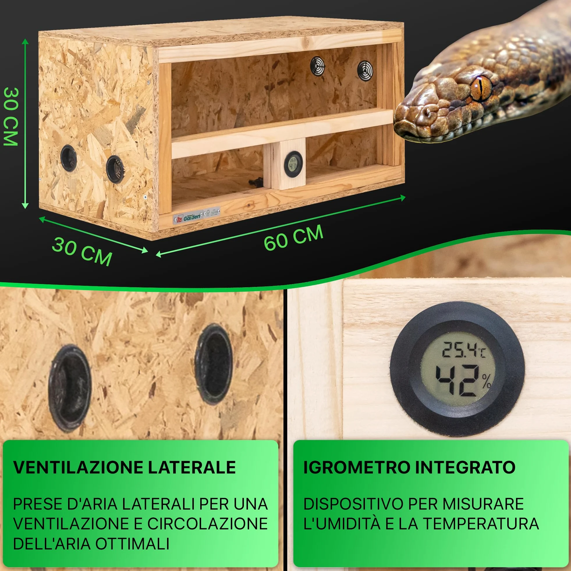 ITA Mini terrario 60x30x30 cm con ventilazione laterale e igrometro integrato - Terrario in legno OSB-3 - Per rettili, serpenti, anfibi - Prodotto UE, certificato FSC