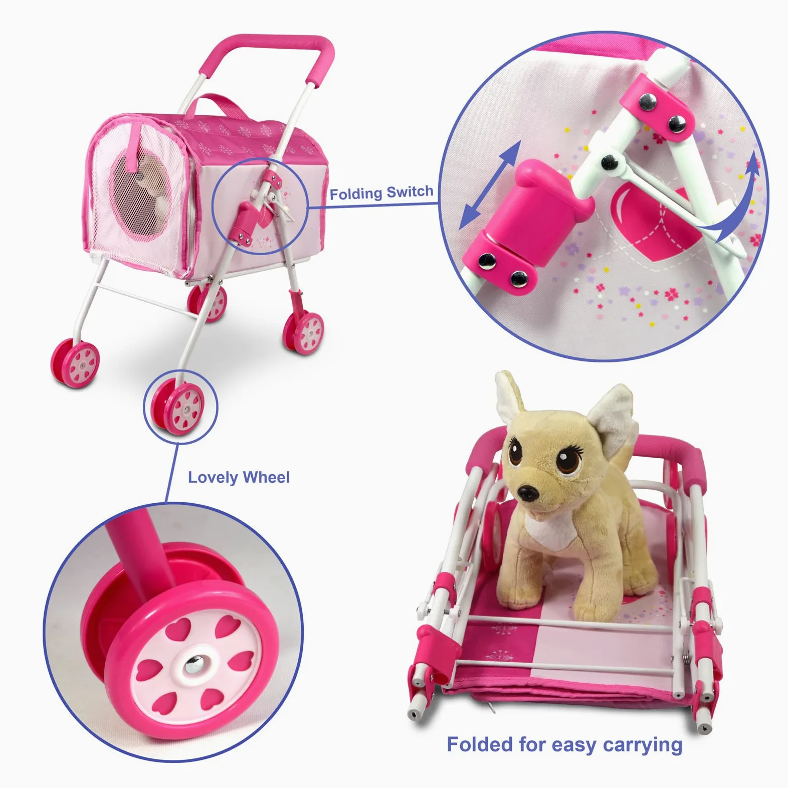Anivia Passeggino per Animali Domestici e Accessori per Bambini dai 3 ai 7 Anni, Set da 2 Pezzi per Cani da Gioco, Set da Gioco per Cuccioli con 1 Cucciolo Incluso Rosa