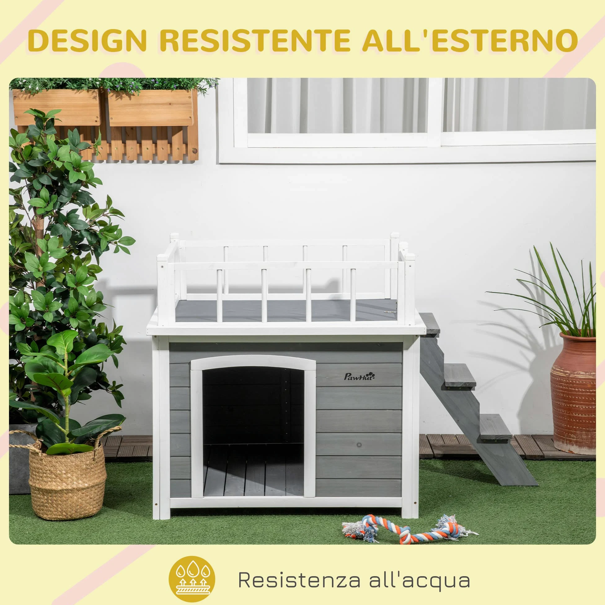 Pawhut Casetta per Cani di Piccola e Media Taglia con Terrazza, Scaletta e Finestra,121x77x78cm, Grigio chiaro