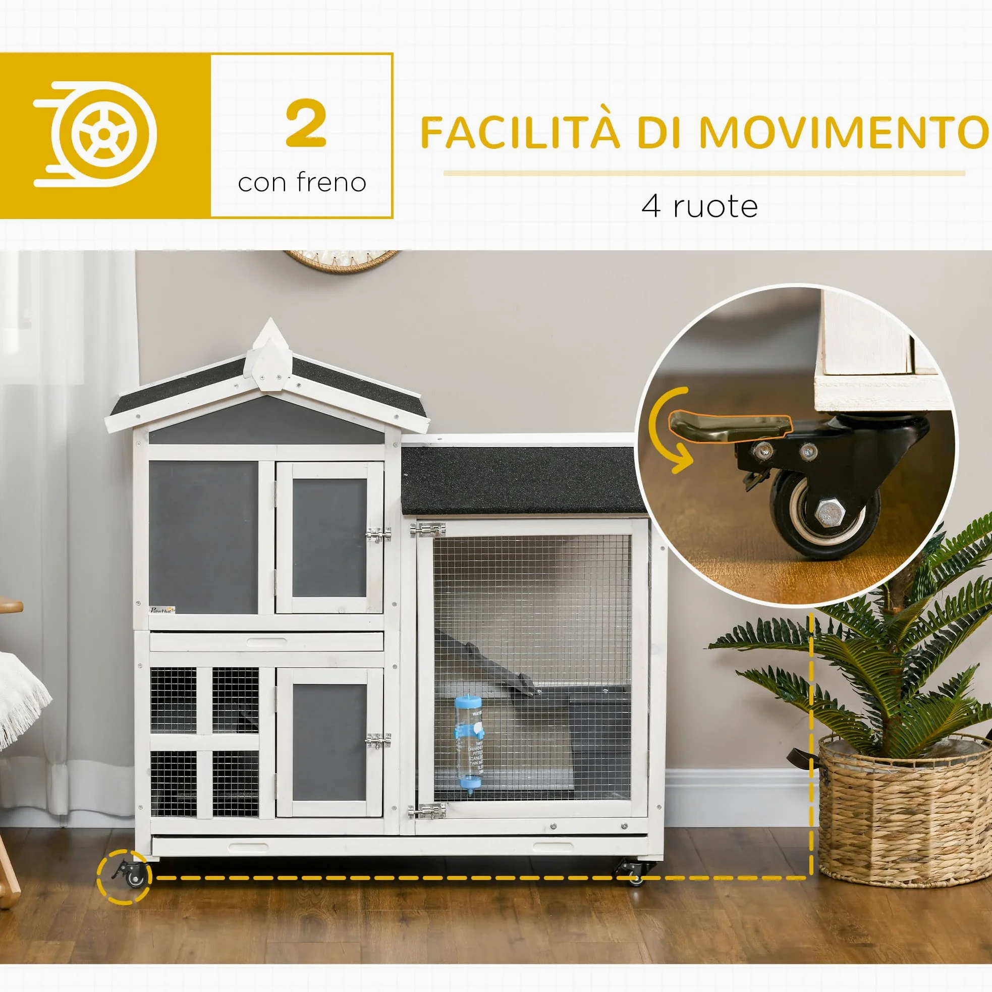 PawHut Conigliera da Esterno per 2 Conigli in Legno d'Abete e Tetto in Bitume con Vassoio Estraibile e Area di Corsa Condivisa, 110x60x104 cm, Grigia e Bianca