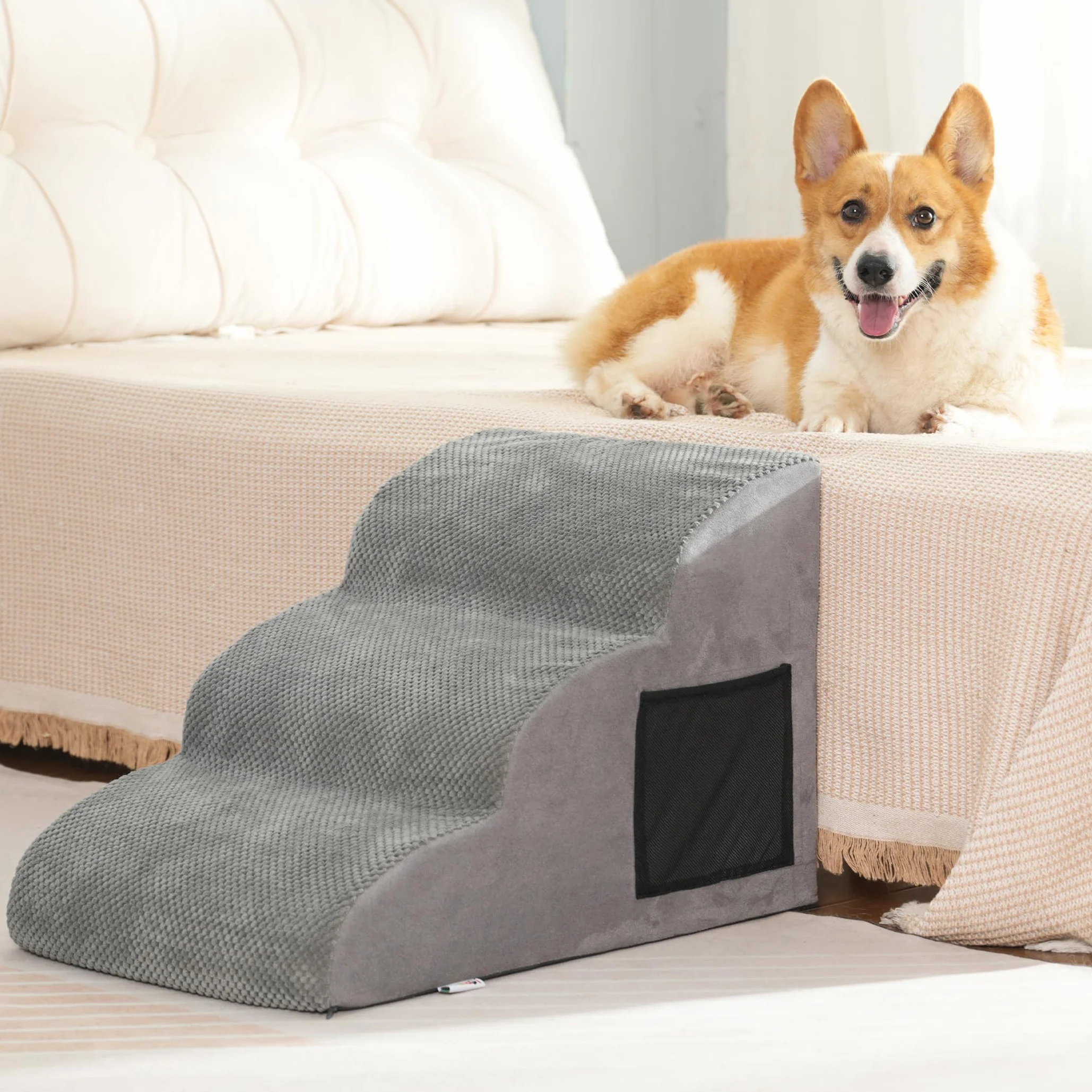 YunNasi Scaletta per Cani per Letto/Divano 3 Gradini, 60 * 40 * 40cm | Rampa Antiscivolo per cani, Scala per Cuccioli, Schiuma ad Alta Densità, Copertura Rimovibile, Pendenza Delicata