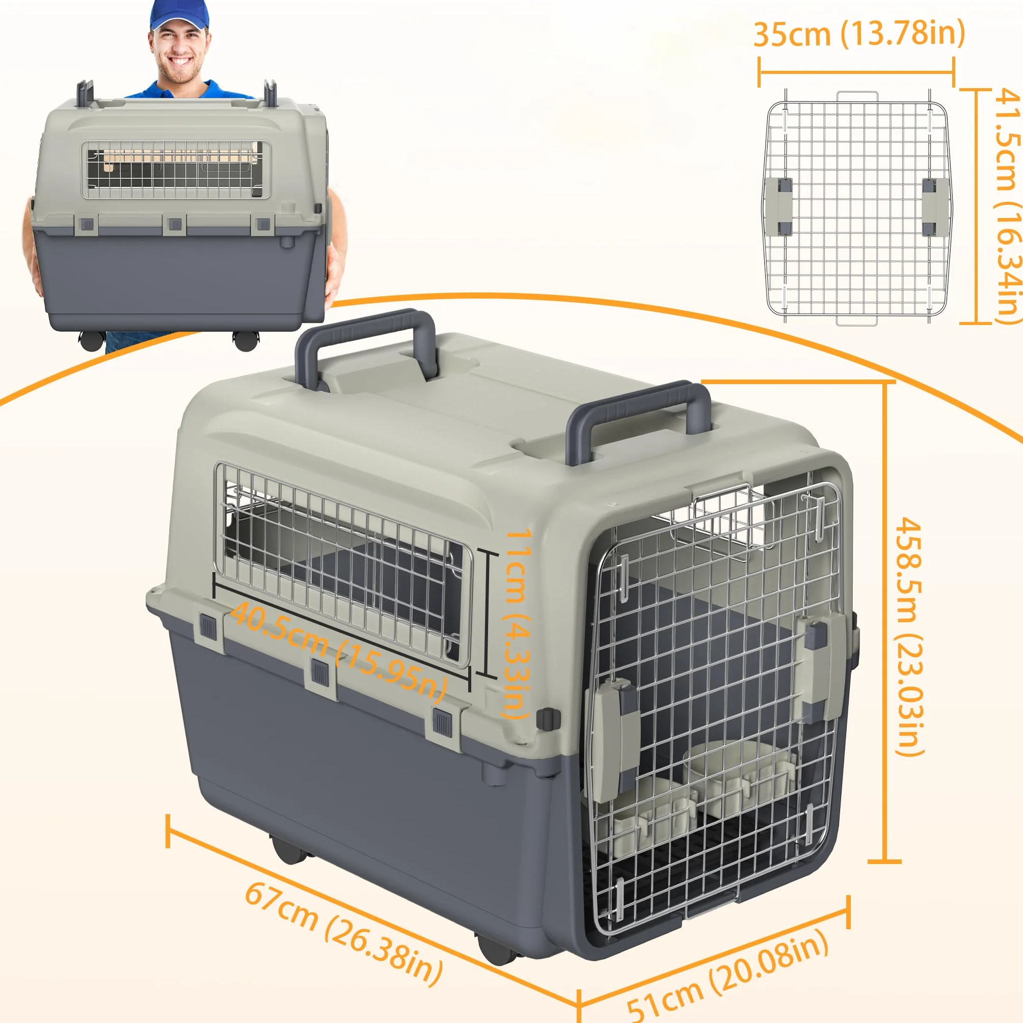 NAIZY Trasportino per cani, 67 x 51 x 58,5 cm, con porta in metallo e prese d'aria per finestre, portata fino a 12,5 kg, con cuscinetti per pipì