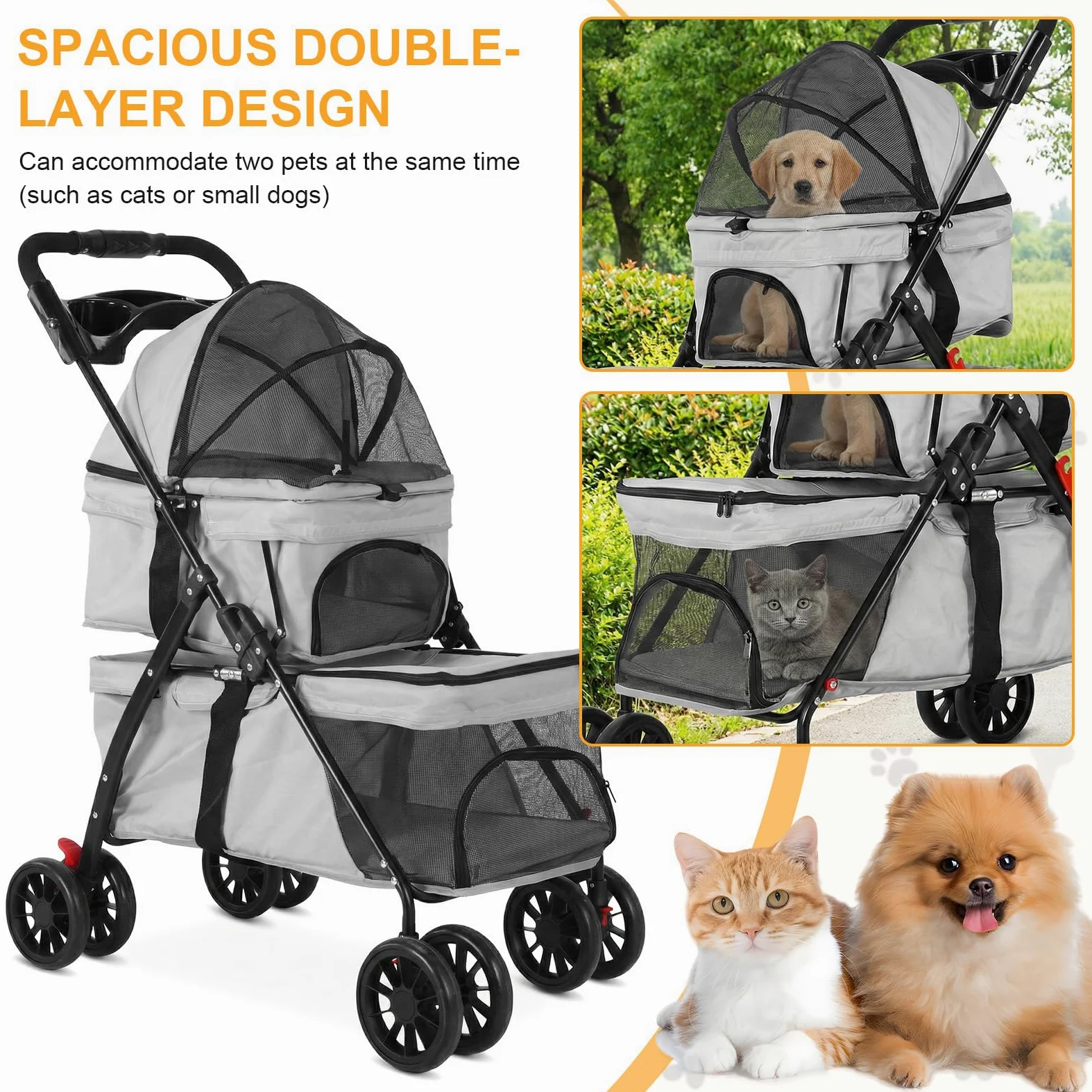 Passeggino per animali domestici a doppio strato per cani e gatti di piccola e media taglia, 3 in 1, pieghevole, passeggino da viaggio leggero, 100 cm x 73 cm x 49 cm (grigio)