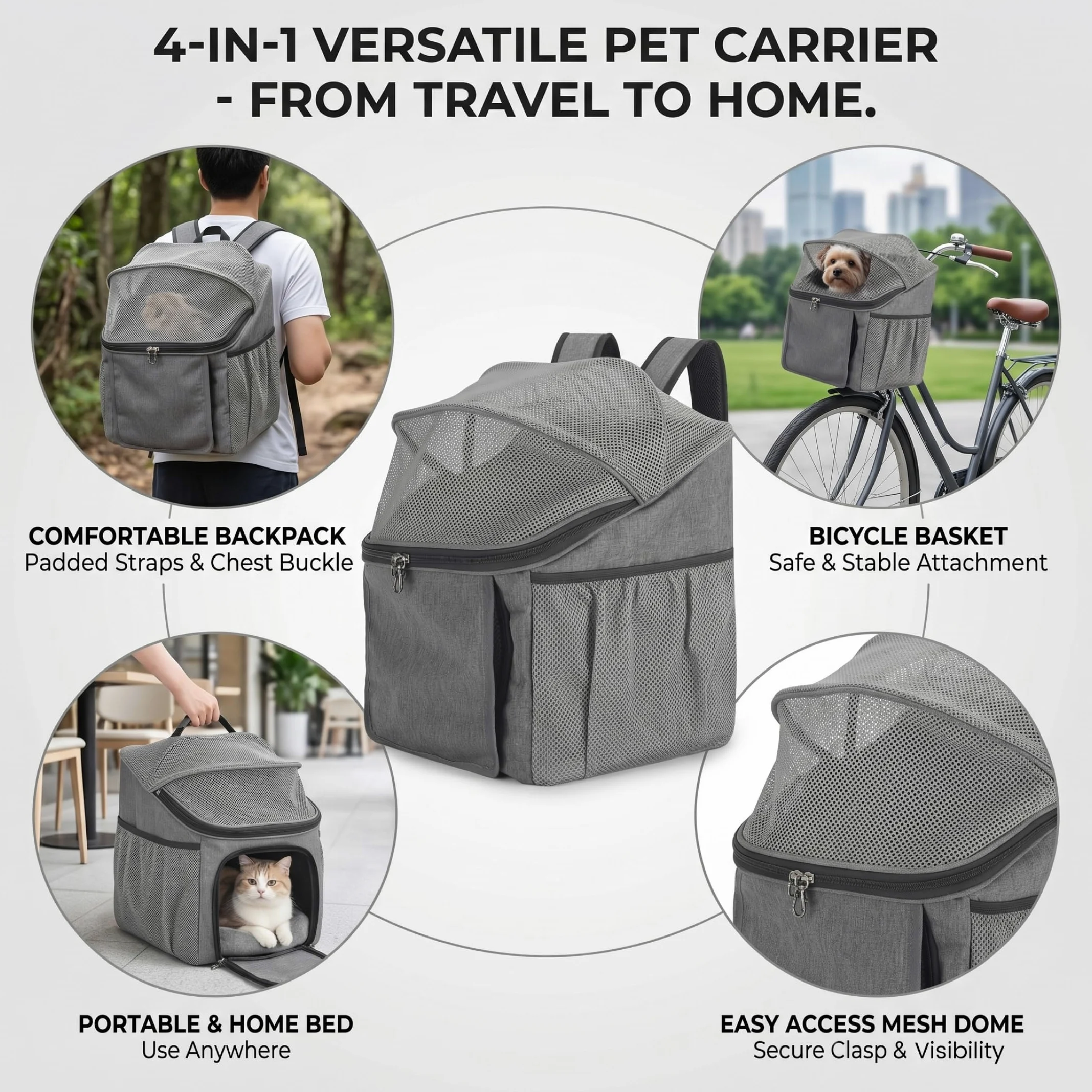 Cestino da bici per cani, Cestino da bici per animali domestici con fibbia a sgancio rapido Trasportino multifunzionale per gatti per zaino, borsa e lettino da riposo per interni, grigio, cane per, p