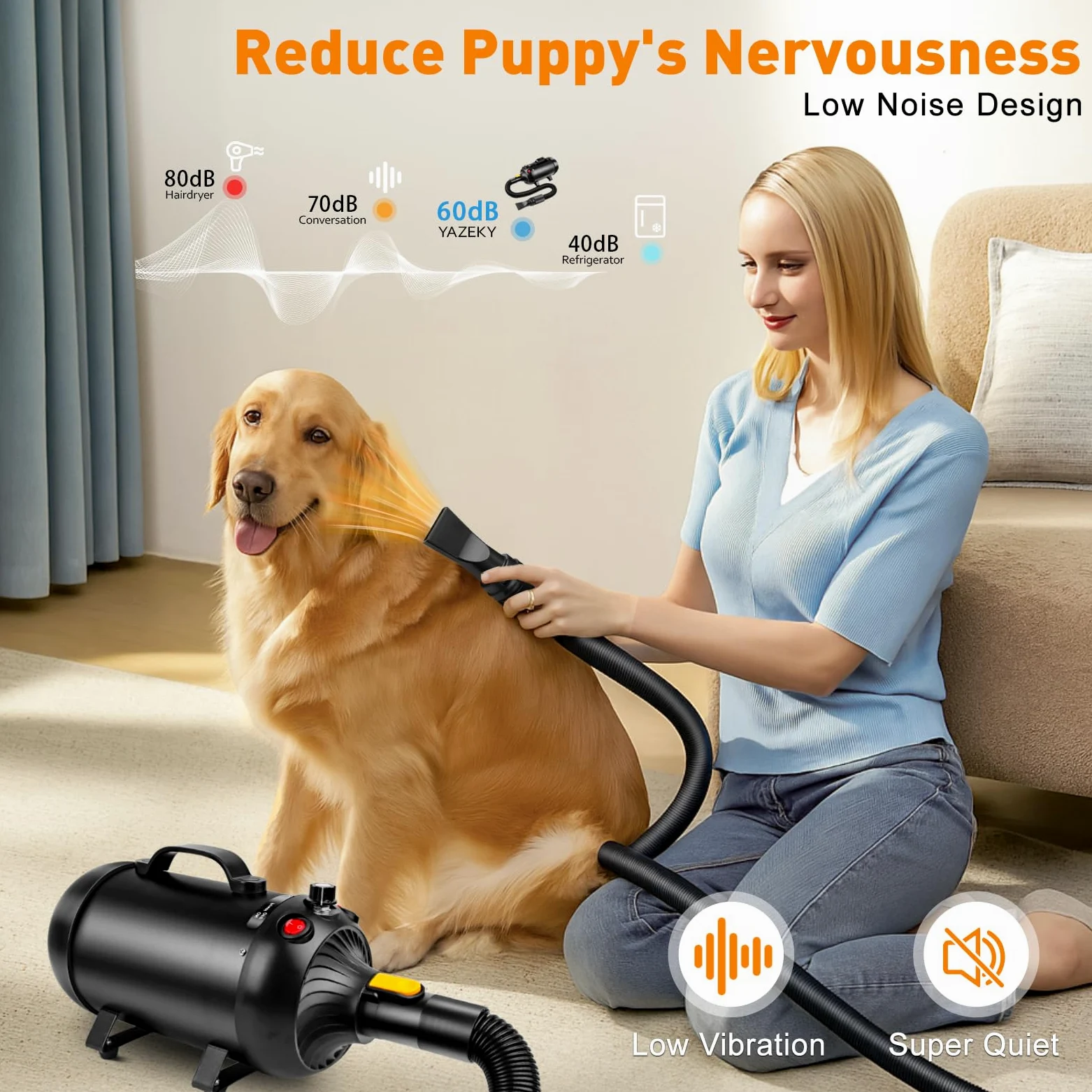 YAZEKY Soffiatore Professionale per Cani, soffiatore Silenzioso da 2800 W, soffiatore per Cani a Pelo Lungo, asciugacapelli per toelettatura Animali, velocità e Temperatura Regolabili con 4 ugelli