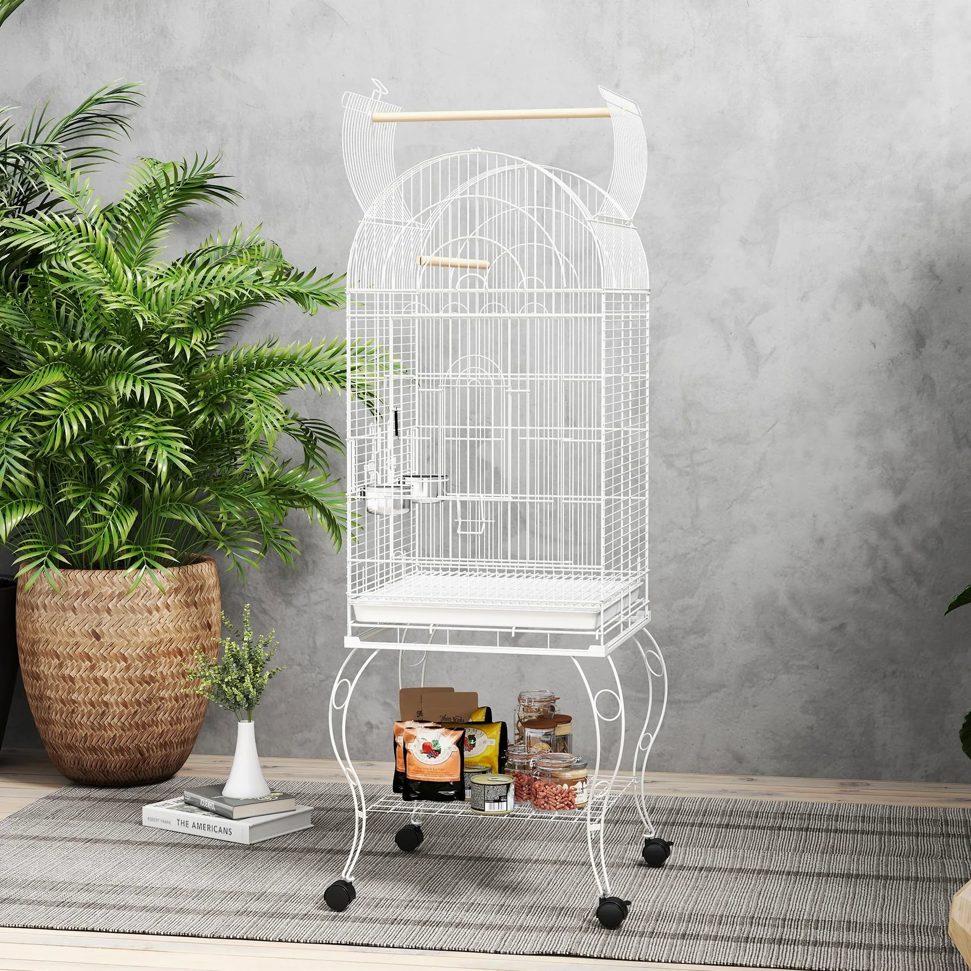 PawHut Gabbia per uccelli con ruote e ripiano, 51x51x153 cm, gabbia grande con parte superiore ribaltabile, 2 mangiatoie, 2 posatoi, 4 porte e vassoio estraibile, per pappagalli e canarini, bianco