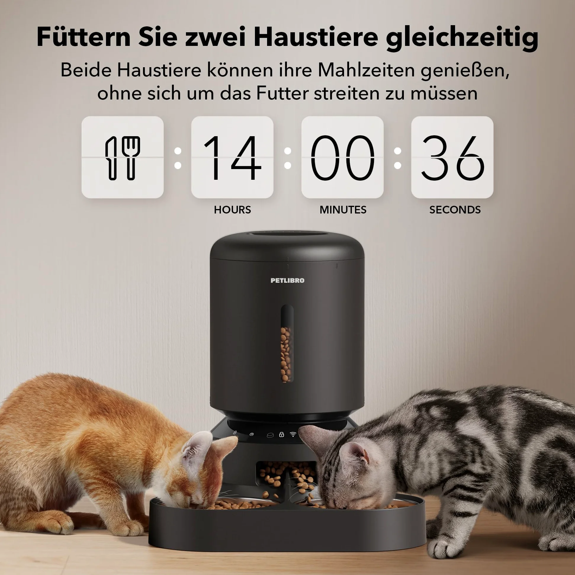 PETLIBRO 5G Wi-Fi Distributore Automatico Cibo Gatti, 5L Distributore Automatico Cibo Cani con 2 Ciotole in Acciaio Inox, 10 Pasti e Controllo del Timer, USB e Batterie, Voce bidirezionale, Nero