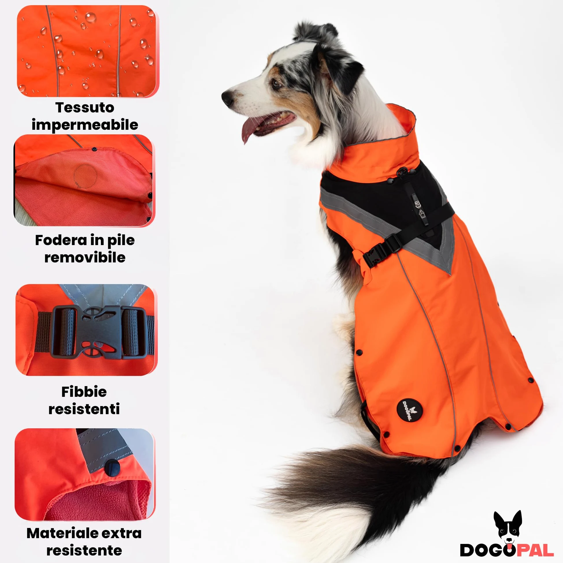 DOGOPAL Cappotto Impermeabile per Cani 2in1 All Weather – Mantello Antipioggia 100% Waterproof e Antivento con Fodera in Pile Rimovibile, Catarifrangente ad Alta Visibilità (Arancione, L)