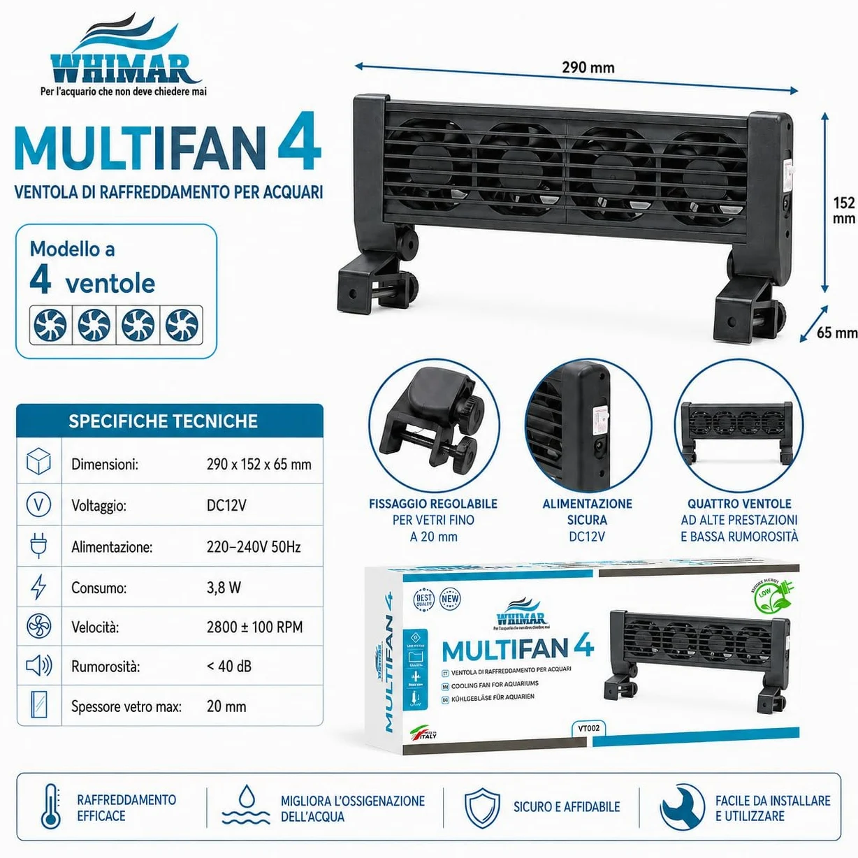 Whimar MultiFan 4 Ventole di Raffreddamento per Acquario, Sistema 12V a 4 Ventole, Basso Consumo 3,8W, Silenzioso <40 Db, per Acquari Aperti, Supporto per Vetro Fino a 20 mm