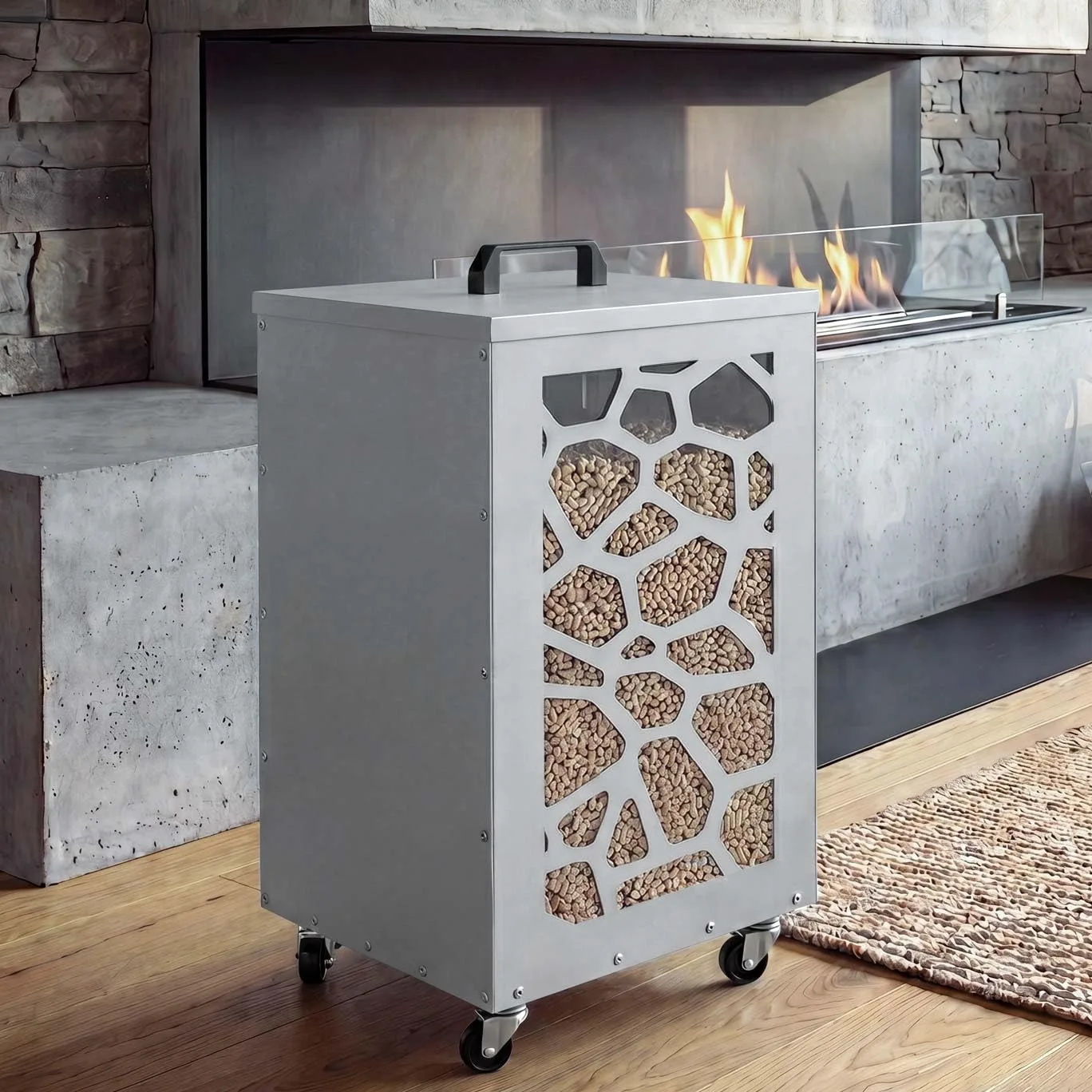 Mendler Contenitore per Pellet Nido Ape HWC-Q30 stoccaggio Pellet, con setaccio Filtro e rotelle 64x36x36cm - Bianco Grigio