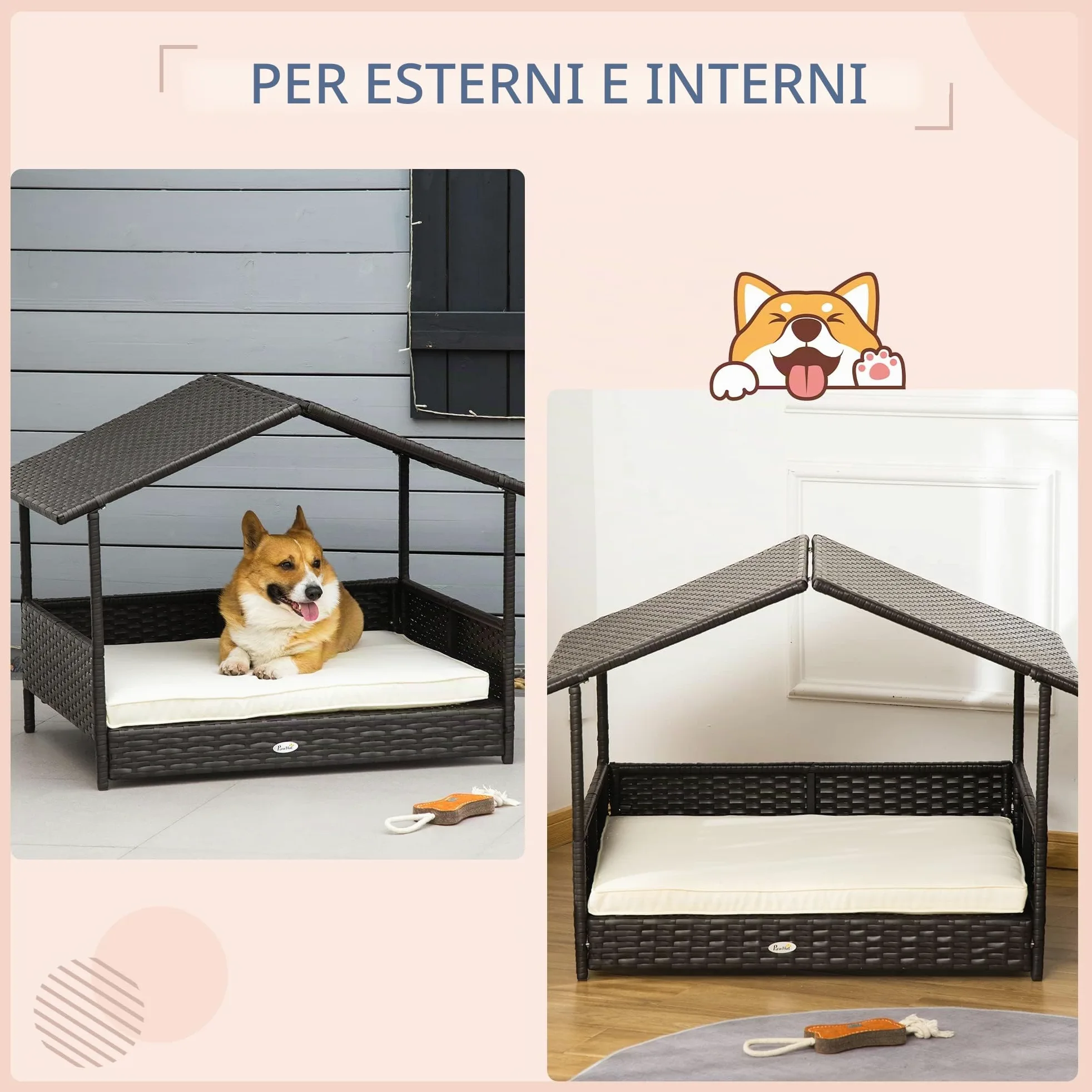 Pawhut Cuccia per cani con cuscino, letto per cani a forma di casa, casa per esterni, telaio in acciaio, PP Rattan, nero, 95 x 69 x 70 cm
