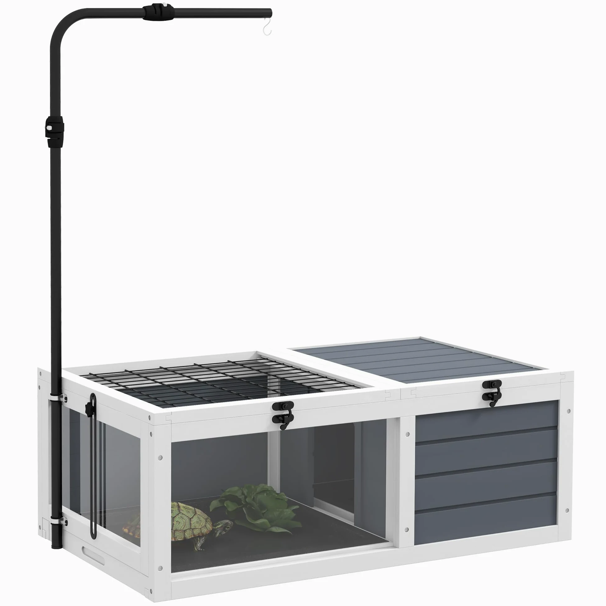 PawHut House gabbia per tartarughe di piccole dimensioni con 2 spazi, portalampada regolabile, 2 vassoi scorrevoli, 81 x 48 x 31,5 cm - legno massiccio grigio