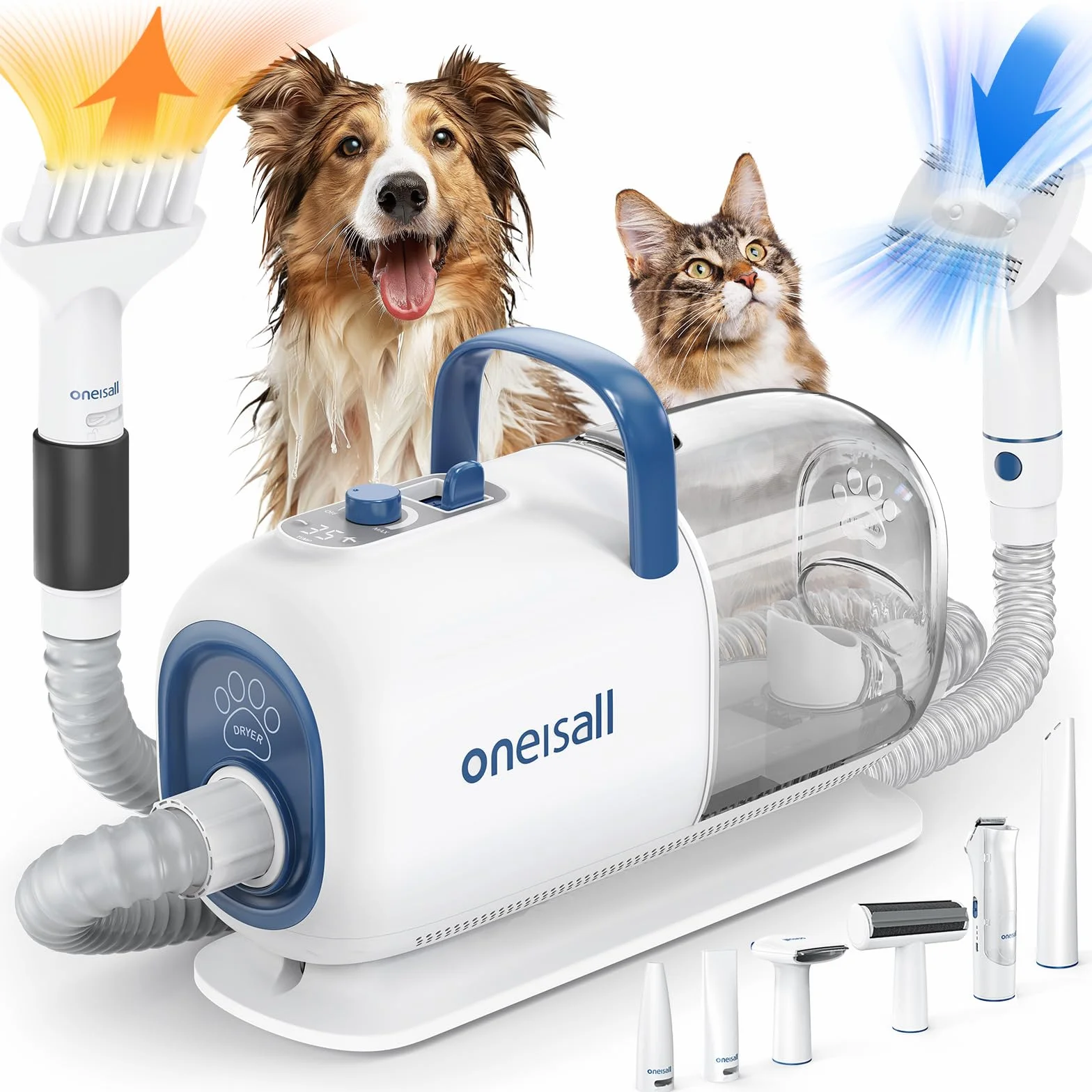 oneisall Asciugacapelli e Tagliacapelli per Toelettatura Cani, 15000 Pa, Kit per Toelettatura Cani per Toelettatura e Rifinitura, 7 Livelli di Temperatura del Soffio, Flusso d'Aria Regolabile, 2,5 L