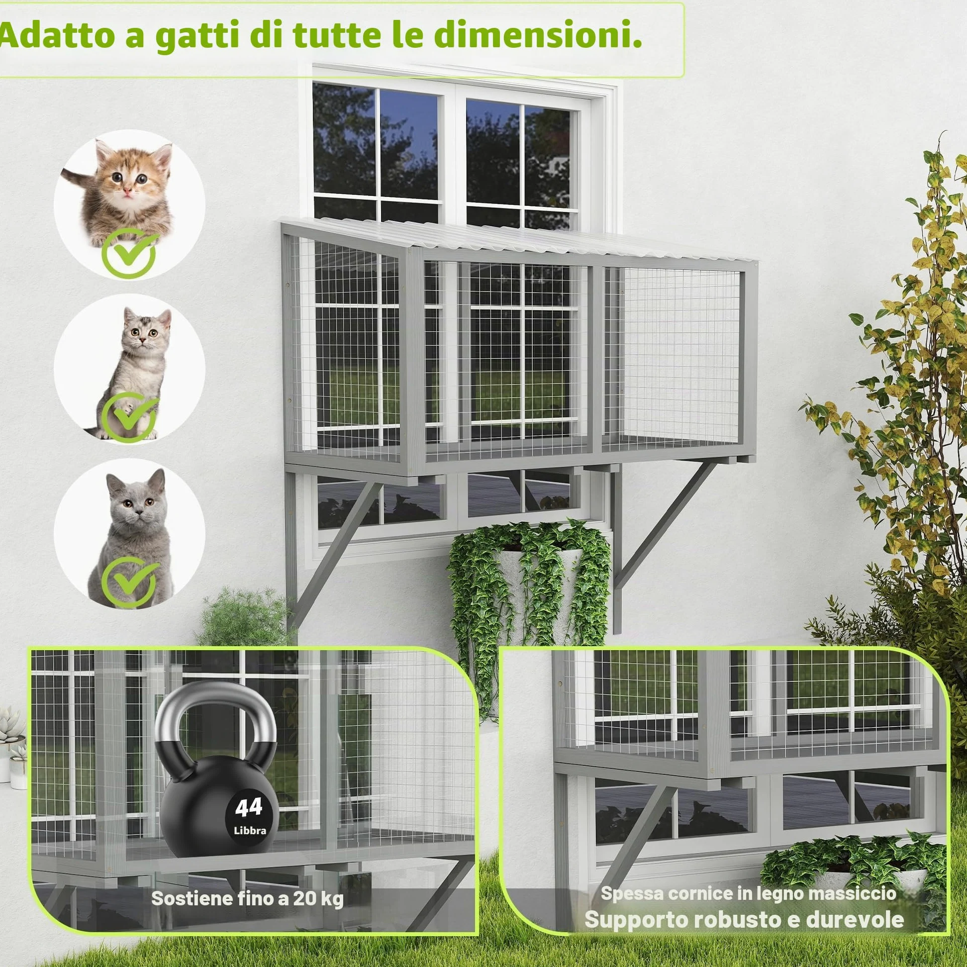 Catio - Finestra per gatti da esterni, in legno, resistente alle intemperie, con rete metallica zincata e tetto in PVC, grande piattaforma di osservazione per gatti, stabile a parete (grigio scuro)