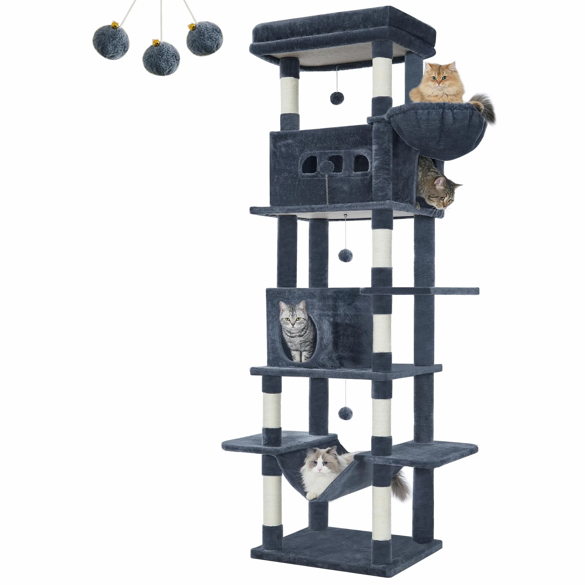 Hzuaneri Albero per Gatti, tiragraffi per gatti adulti 210 cm, xxl, giochi per gatti, Lavabile, trespolo per gattis con 2 Grotte, 8 Tiragraffi, Cestini, Amaca, Pompon, Grigio Scuro MS21018SG