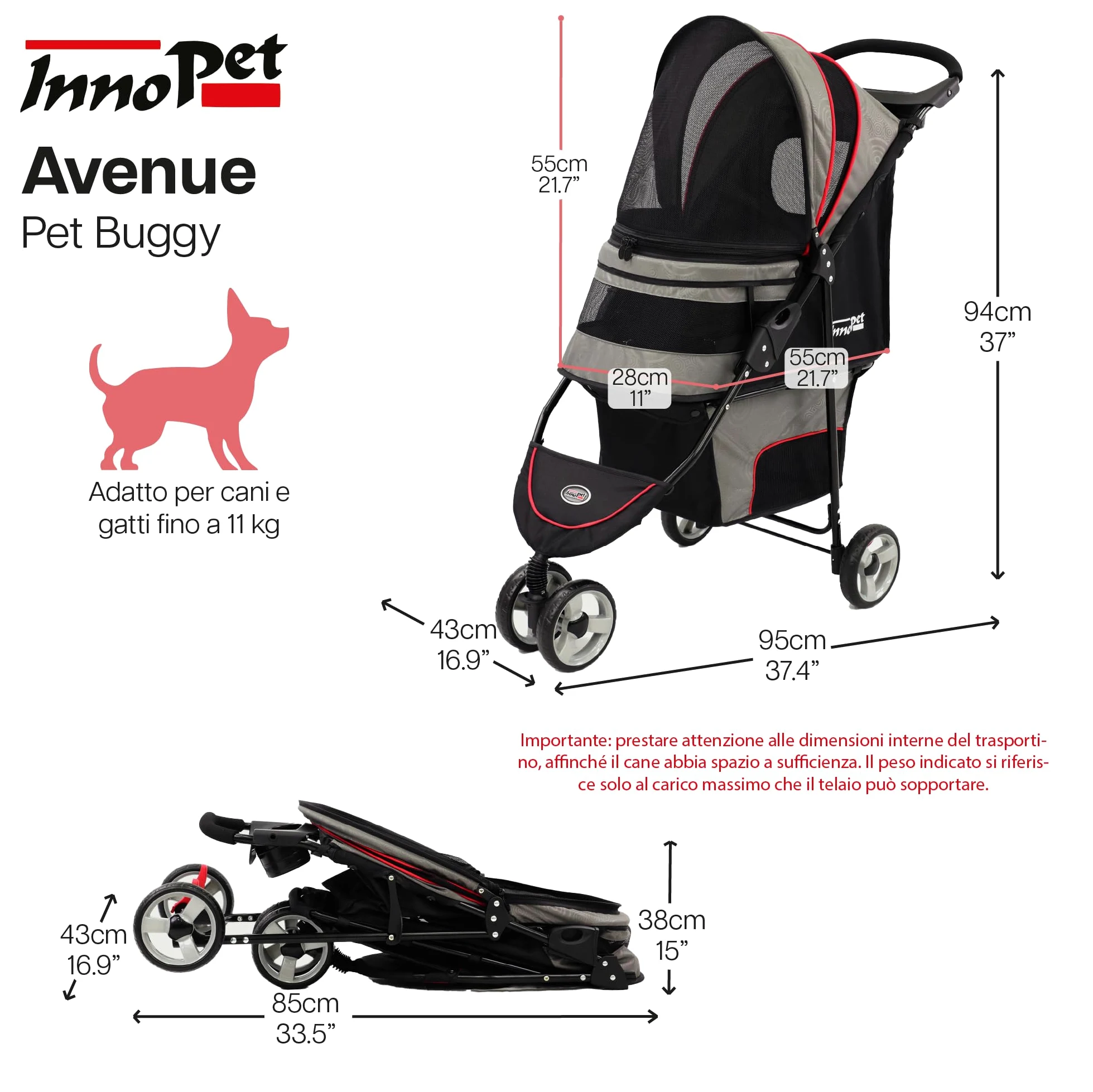 Passeggino leggero Innopet Avenue per cani e gatti, grigio/rosso - Passeggino urbano compatto per animali domestici con copertura antipioggia, cinture di sicurezza e cestino portaoggetti