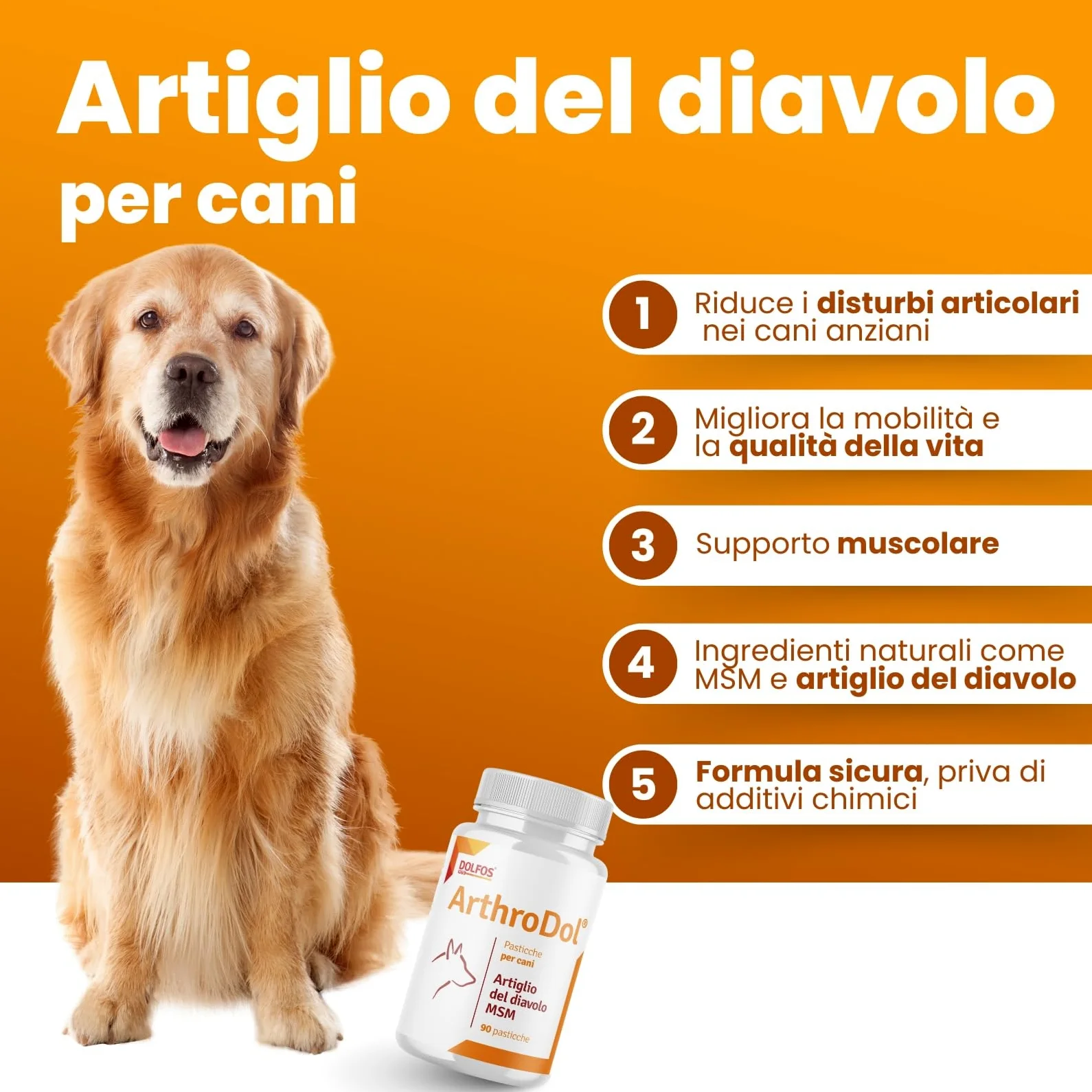 Dolfos Pets ArthroDol Integratore Articolazioni Cane, Antinfiammatorio e Analgesico Favorisce la Mobilità dei Cani Anziani 100% Naturale 90 Compresse