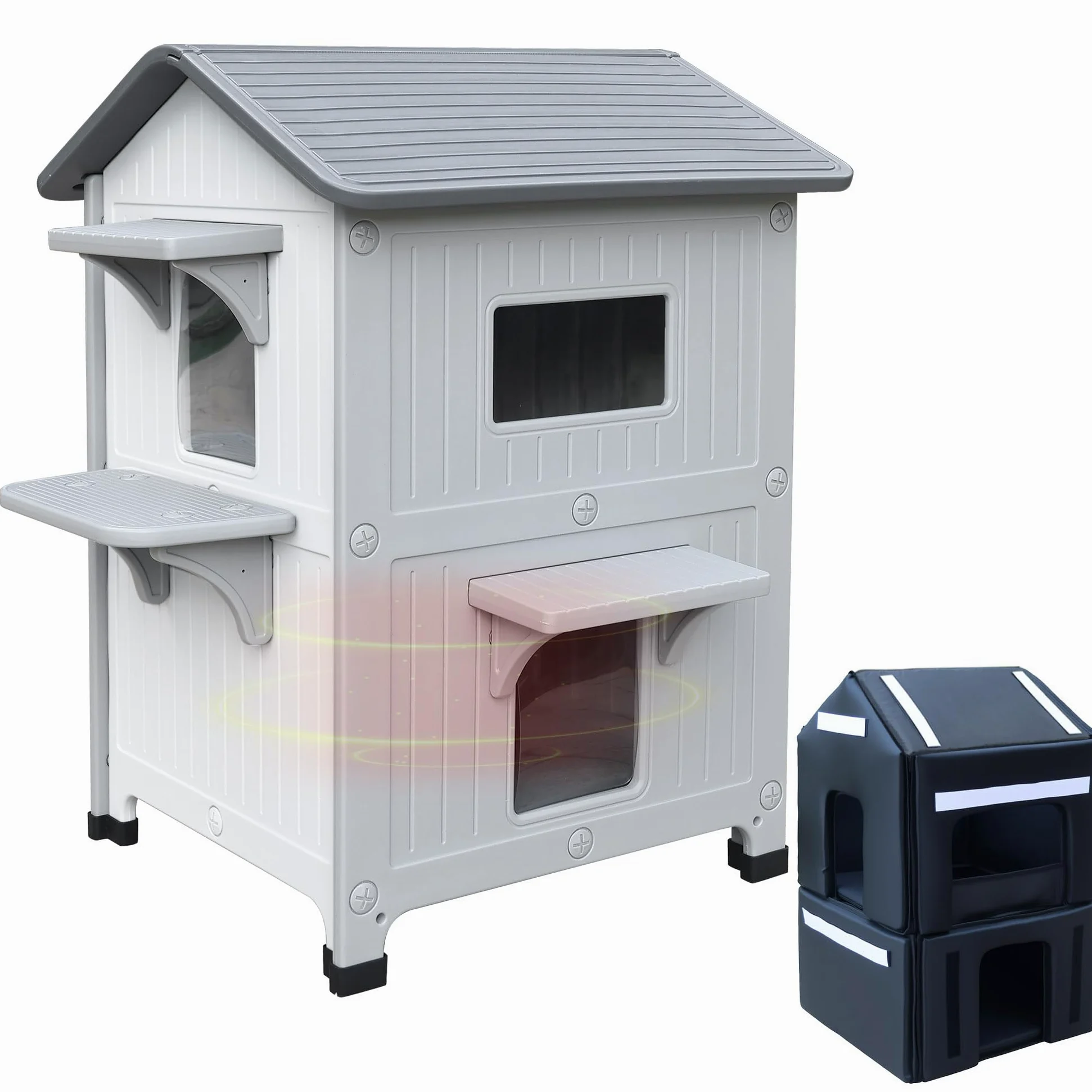 2 pezzi Casetta per gatti all'aperto con rivestimento isolato, case per gatti all'aperto in plastica rifugio per gatti all'aperto resistente alle intemperie con porta di fuga
