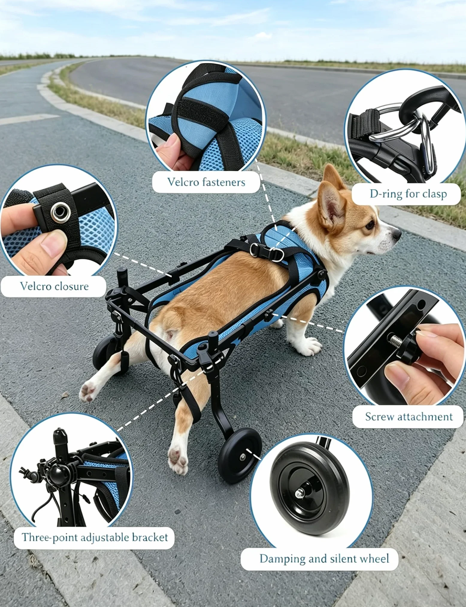 Carrellino per Cani Disabili per Zampe Posteriori, Sedia a Rotelle per Cani Regolabile, Supporto per la Mobilità in Lega di Alluminio Leggera