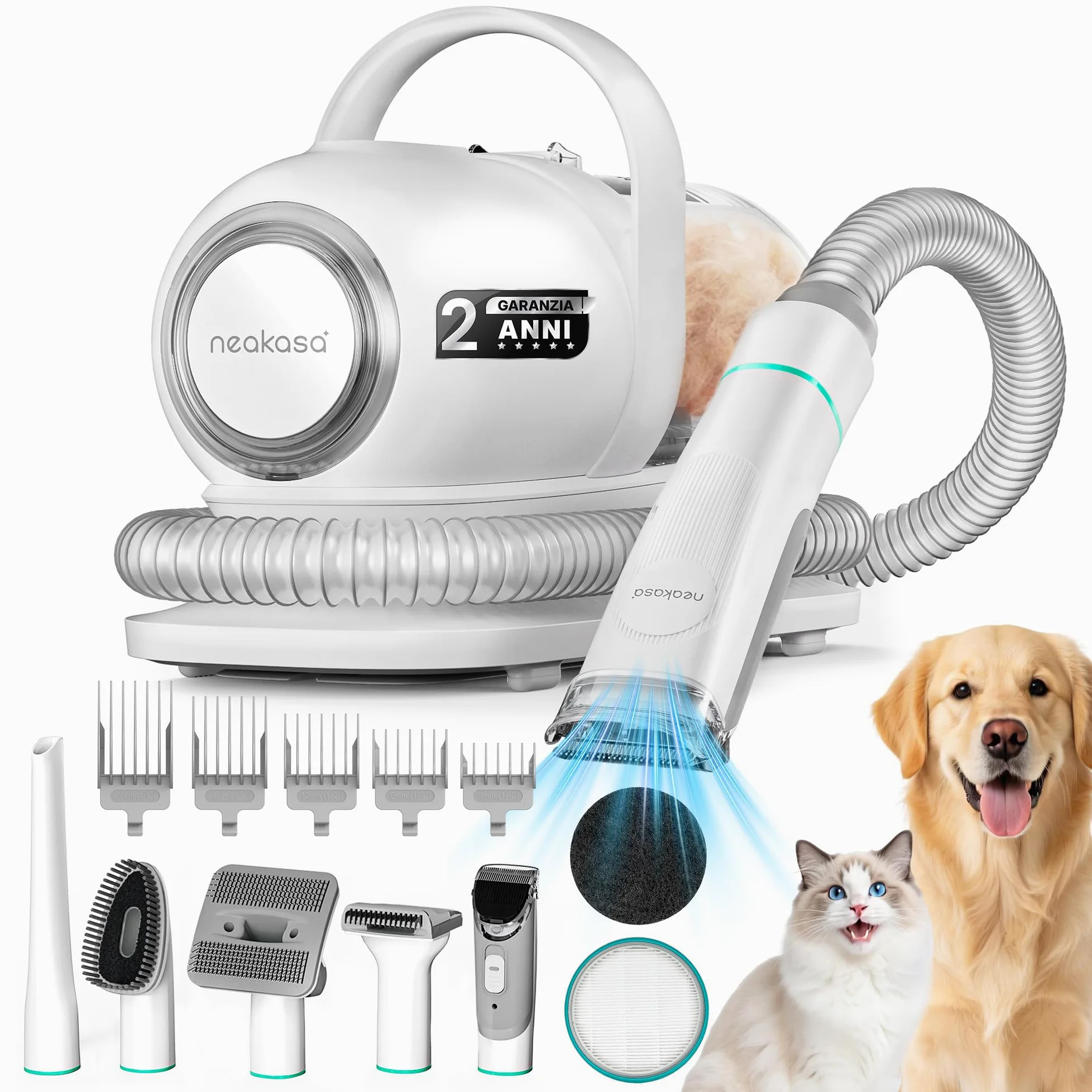 Neakasa P1 PRO Kit per toelettatura e aspirazione a Vuoto per Animali Domestici, Tosatrice per Cani e Gatto Pelo Lungo Professionale (Bianco)