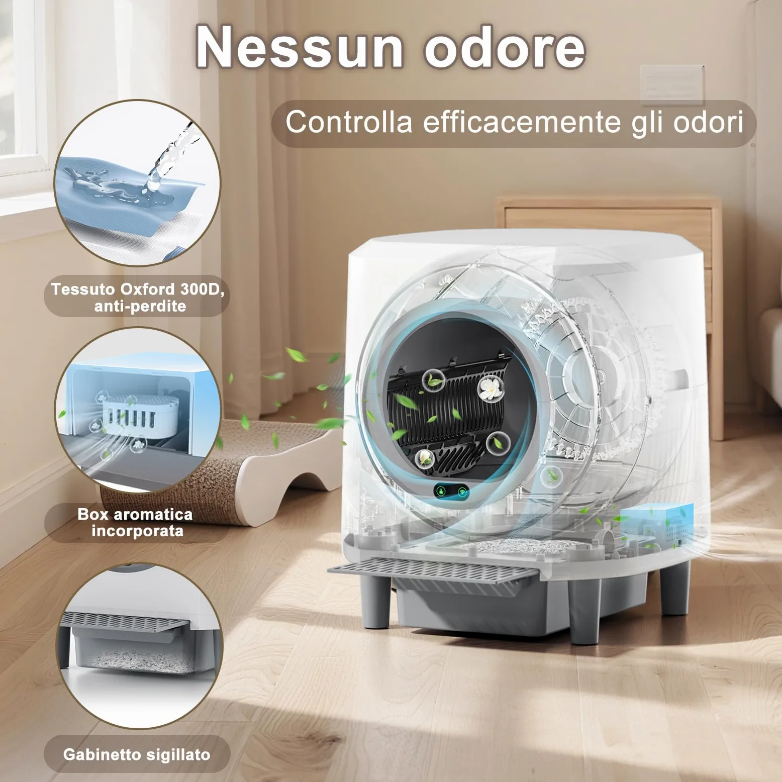 Lettiera Gatto Autopulente Silenziosa, Anti-Perdite/Schiacciamento/Odore, Lettiera Automatica Wifi per Gatti con APP, 90L Per Più Gatti, Svuotamento Con Un Solo Tasto, Facile da Pulire