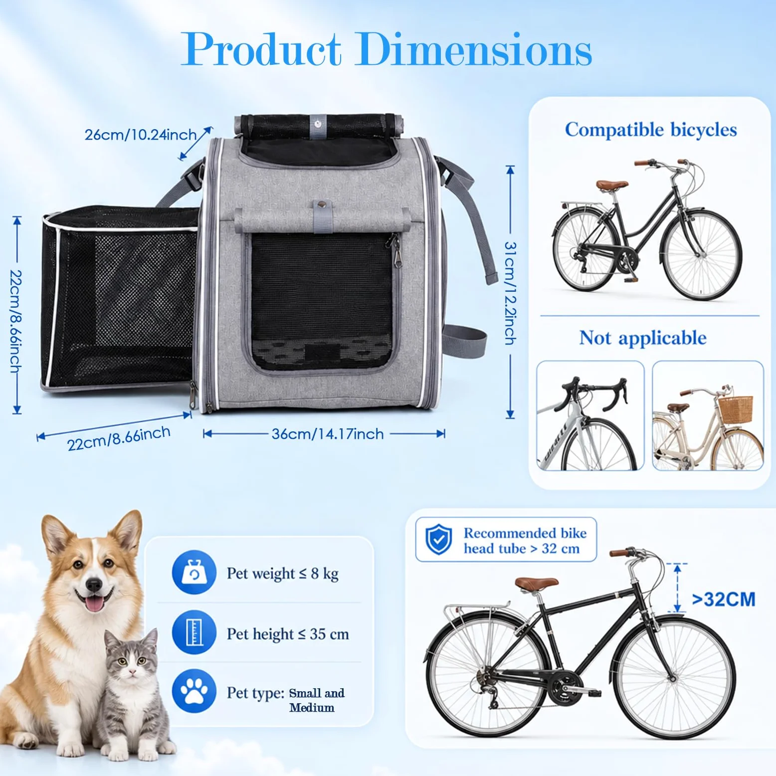 Cestino da Bici Anteriore per Cani e Gatti – Zaino Trasportino Portatile con Finestre in Rete Traspirante, Cerniera SBS e Supporto Robusto – Tracolla Regolabile per Viaggi e Passeggiate