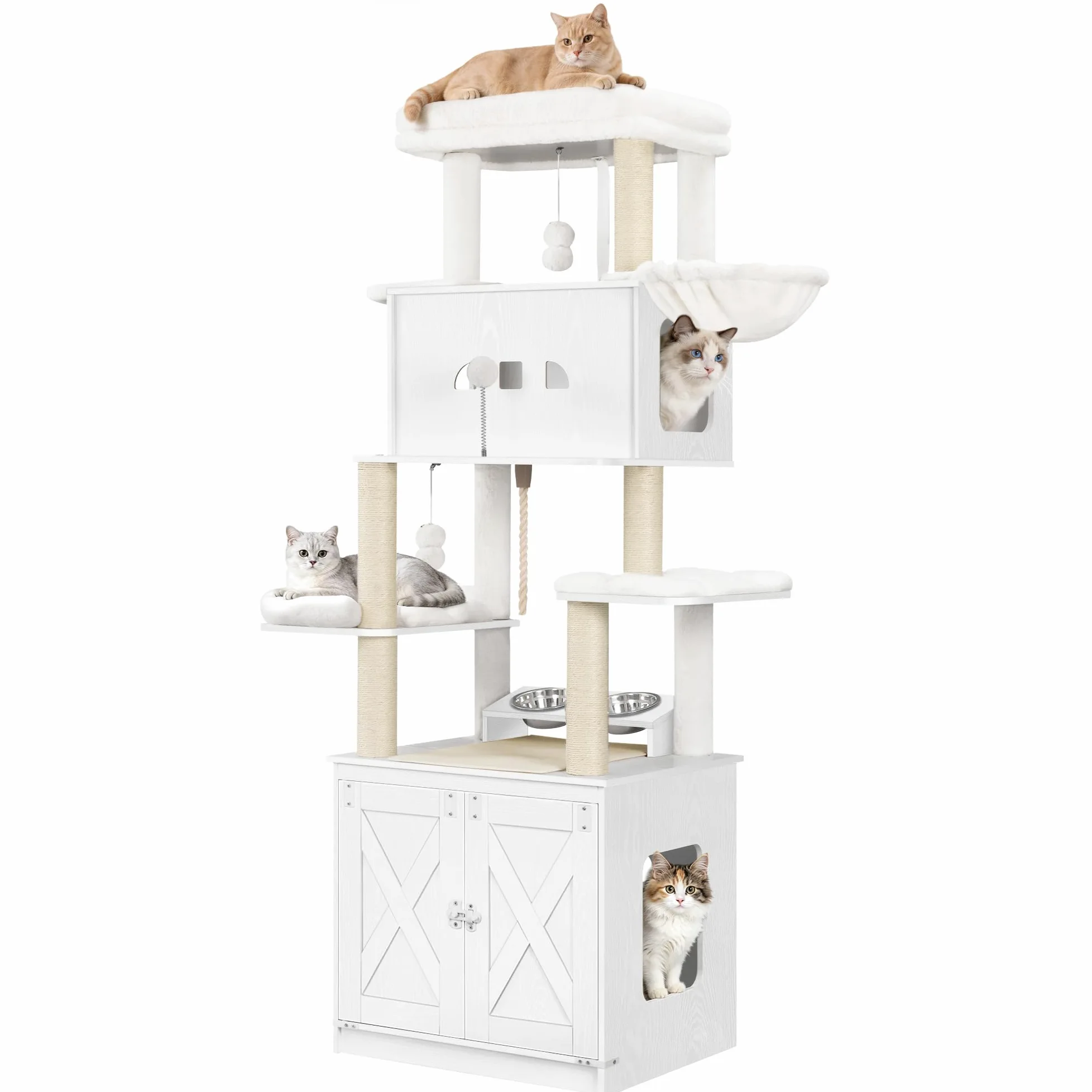 Hzuaneri Mobile Lettiera per Gatti, Albero Tiragraffi per con Ciotole, Condominio per Gatti Multilivello 173 cm, Amaca, Cuscino in Peluche Removibile e Lavabile, Bianco CB89013WT