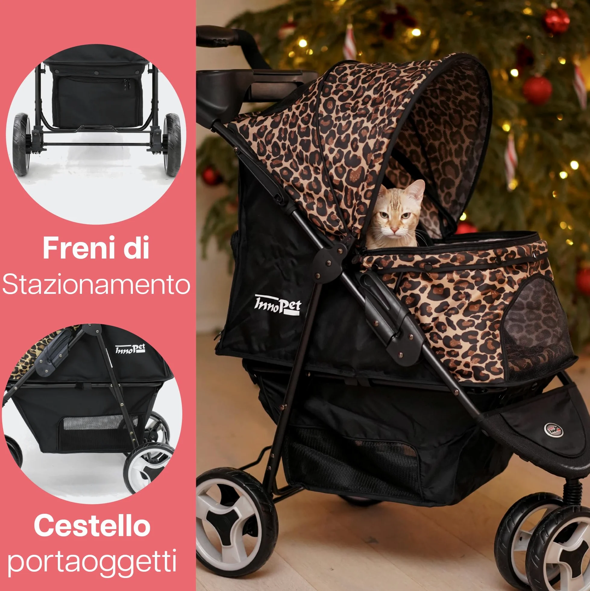 Innopet Buggy Allure Cheetah - Elegante passeggino per cani con stampa leopardata, pieghevole con una sola mano - Ruote antiforatura - Peso massimo 20 kg - carrozzina ideale per gatti
