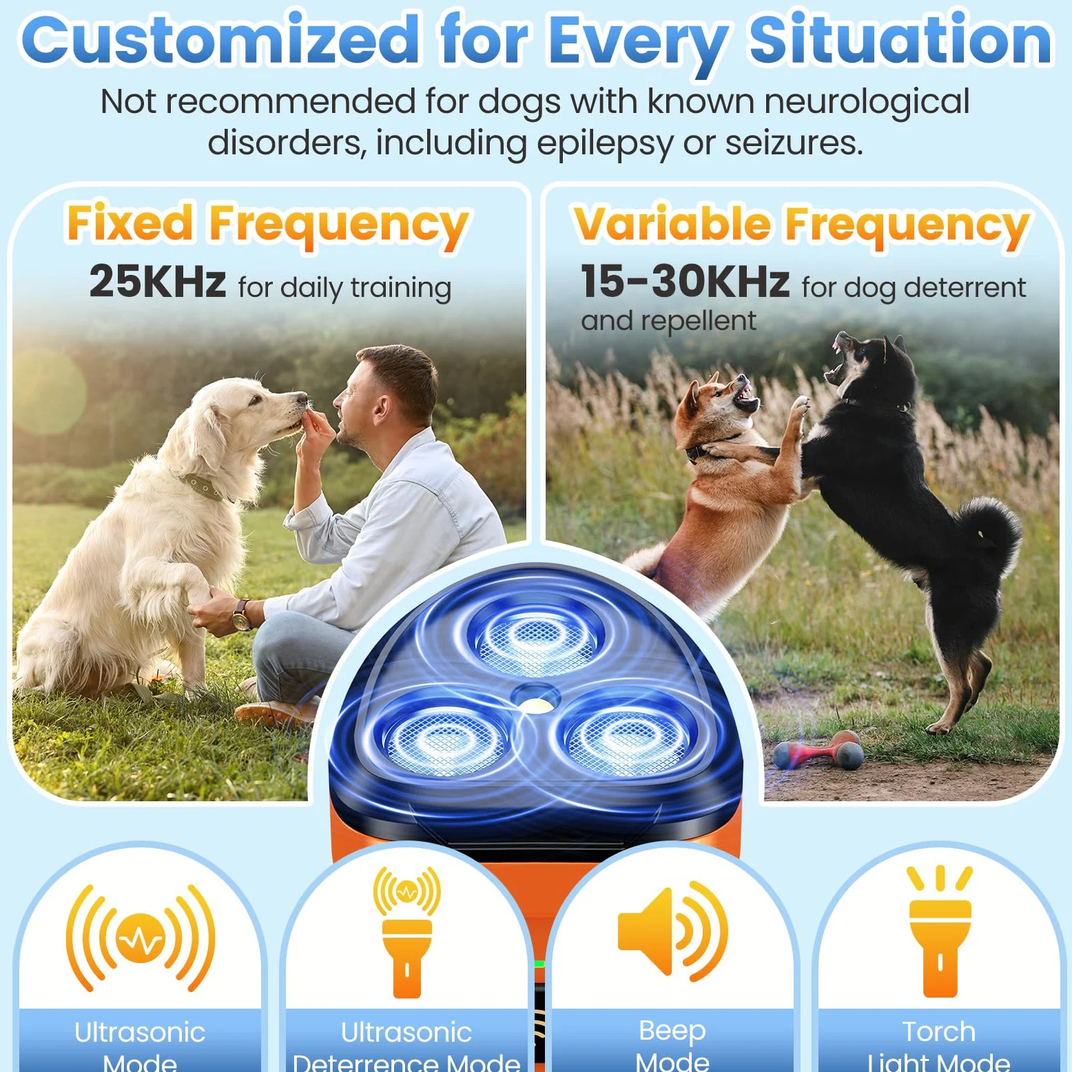 Dog Bark Deterrent Device 3X Anti Barking Device for Dogs, 5 Modes Stop Neighbors Dog Barks No More Safe for All Dogs 50FT Bark Control Indoor Outdoor with Flashlight,Rechargeable Training Device