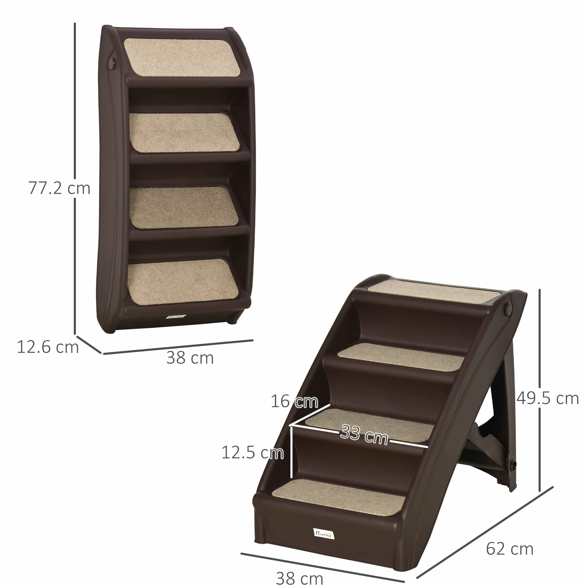 PawHut Scaletta per Cani Pieghevole con 4 Gradini Antiscivolo, Scala per Animali Domestici fino 10 kg in PP, 62x38x49.5cm, Marrone Scuro