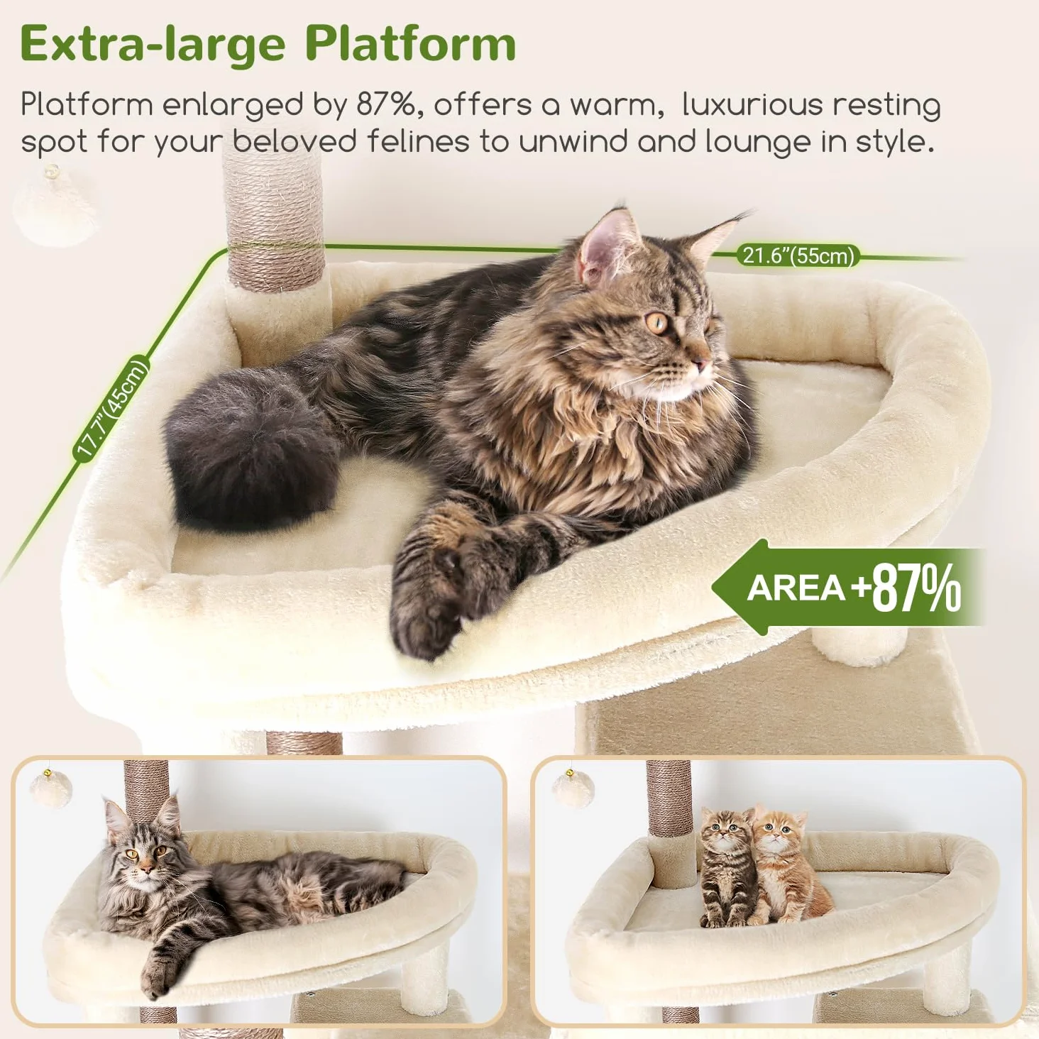 Globlazer Tiragraffi Beige XXL per Gatti Adulti Alto 213 cm con Grandi Piattaforma 55cm*45cm, 2 Grotta, Posatoi, Cesto, Albero Tiragraffi Stabile per Multipli Gatti Grandi Interno (F83, Beige)