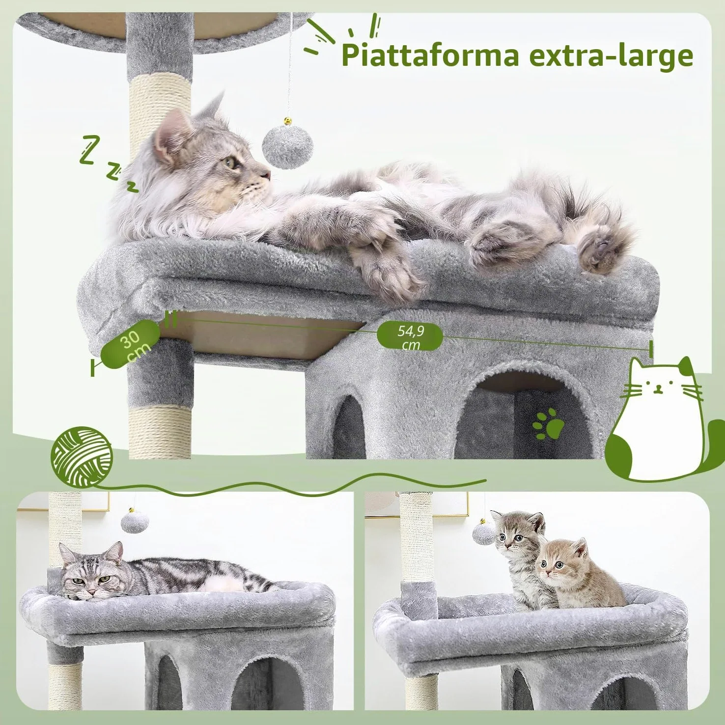 Globlazer Tiragraffi per Gatti Grandi, Castello per Gatto Alto 183 cm con Grotte Piattaforma Cesto Cuccia, Albero Gatti Stabile per Adulti Maine Coon Riposare Giocare Interno (S72, Grigio Scuro)
