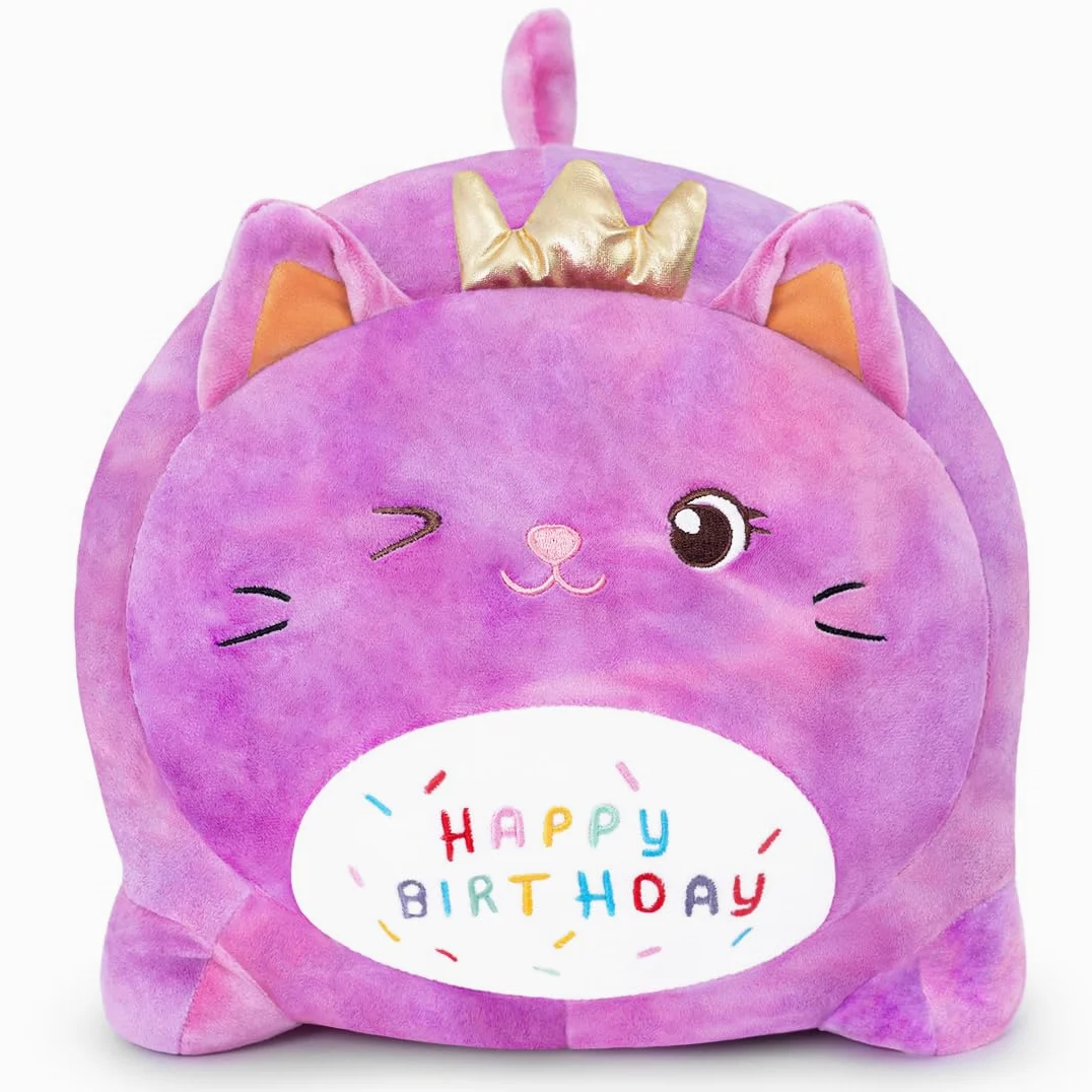 Peluche Gatto Compleanno - Giocattolo Morbido con Scritta 'HAPPY BIRTHDAY', Regalo Personalizzabile per Bambini Adulti (25CM,Viola)