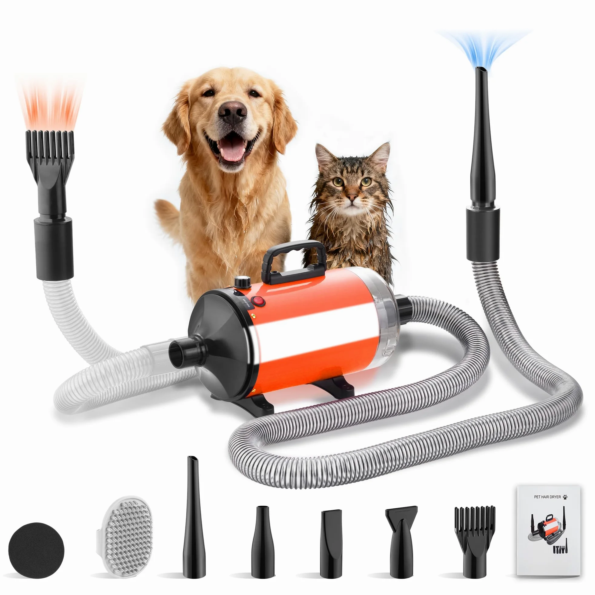 DEWINNER 2 in 1 Asciugacapelli Professionale per Cane, Blower 3200 W con Aspirapolvere, Velocità e Temperatura Regolabili, Silenzioso, 5 Ugelli, Tubo Elastico + Spazzola