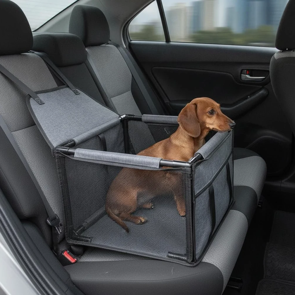 Seggiolino Auto per Animali Pieghevole, Nero e grigio | Rivestimento in tela, Postazione Auto Gatti, Visite dal veterinario, Per Genitori di Animali