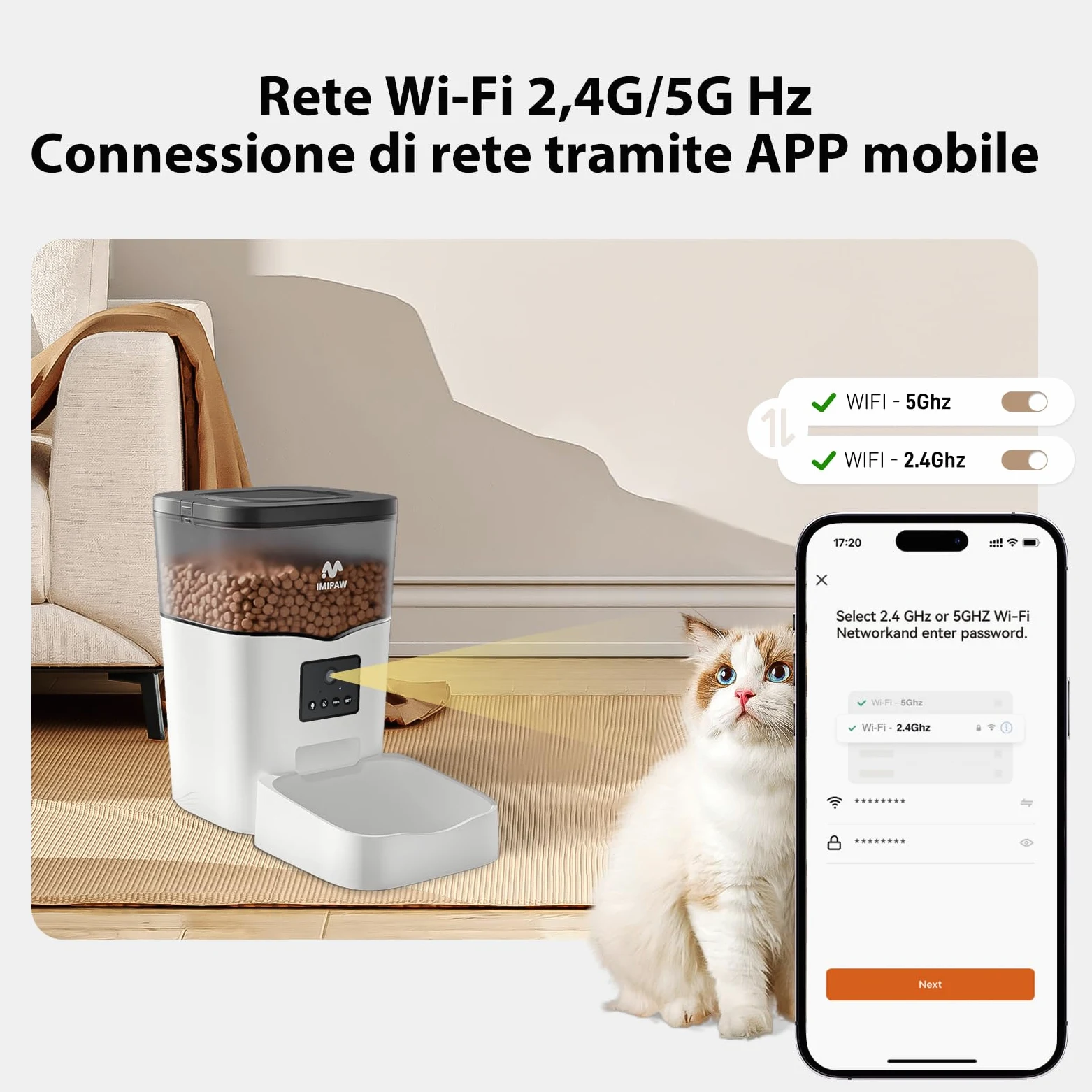 IMIPAW Distributore Automatico Cibo Gatti 5G WiFi con Telecamera, 1080P HD, Tecnologia Anti Intasamento, Dispenser Automatico Cibo per Animali con Controllo APP (Bianco, 3L)