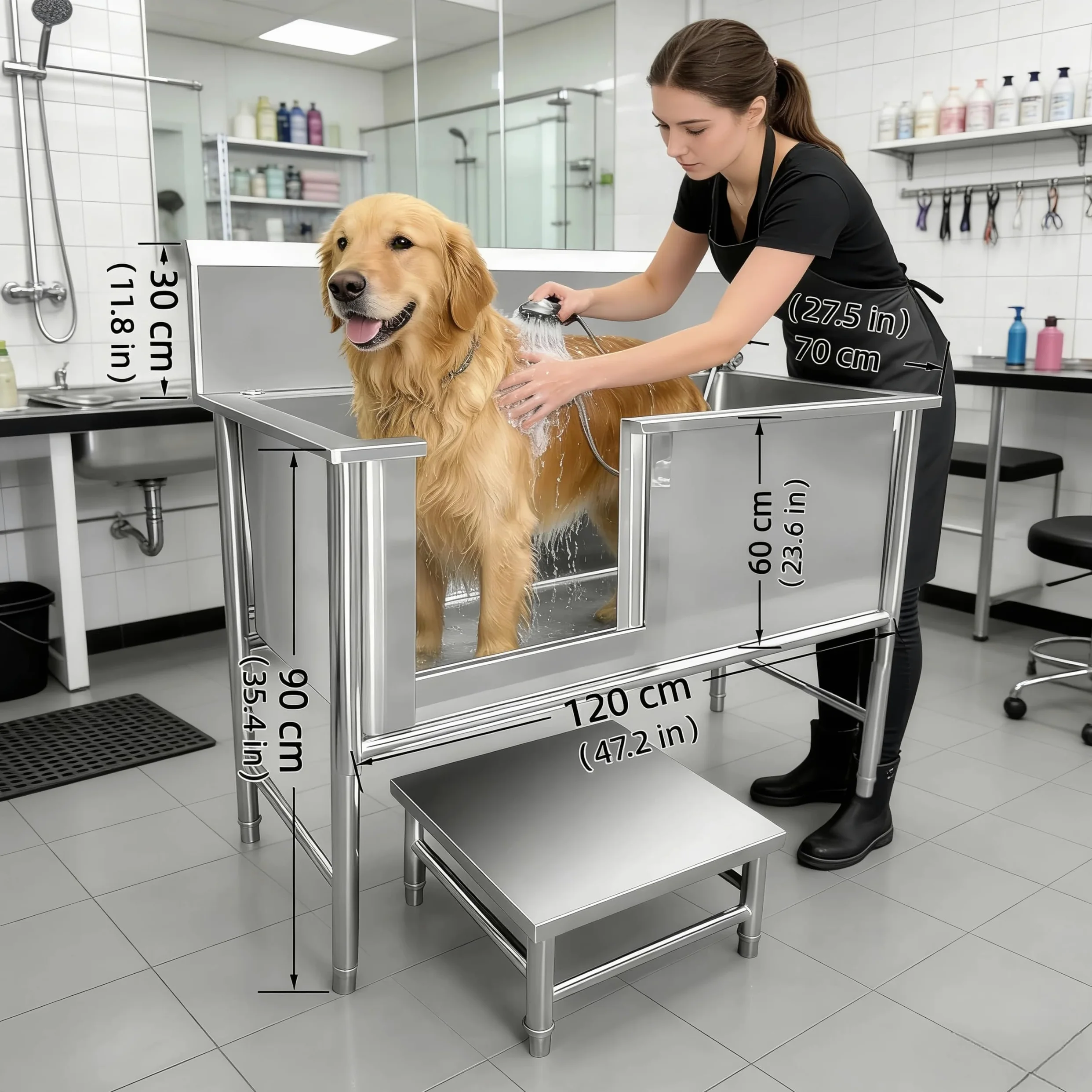 Vasca da Bagno per Cani in Acciaio Inox 304, Vasca Toelettatura Professionale con Pedana di accesso e Porta Scorrevole, Stazione Lavaggio Cani Antiscivolo con Miscelatore fino a 100 kg (47.24in)