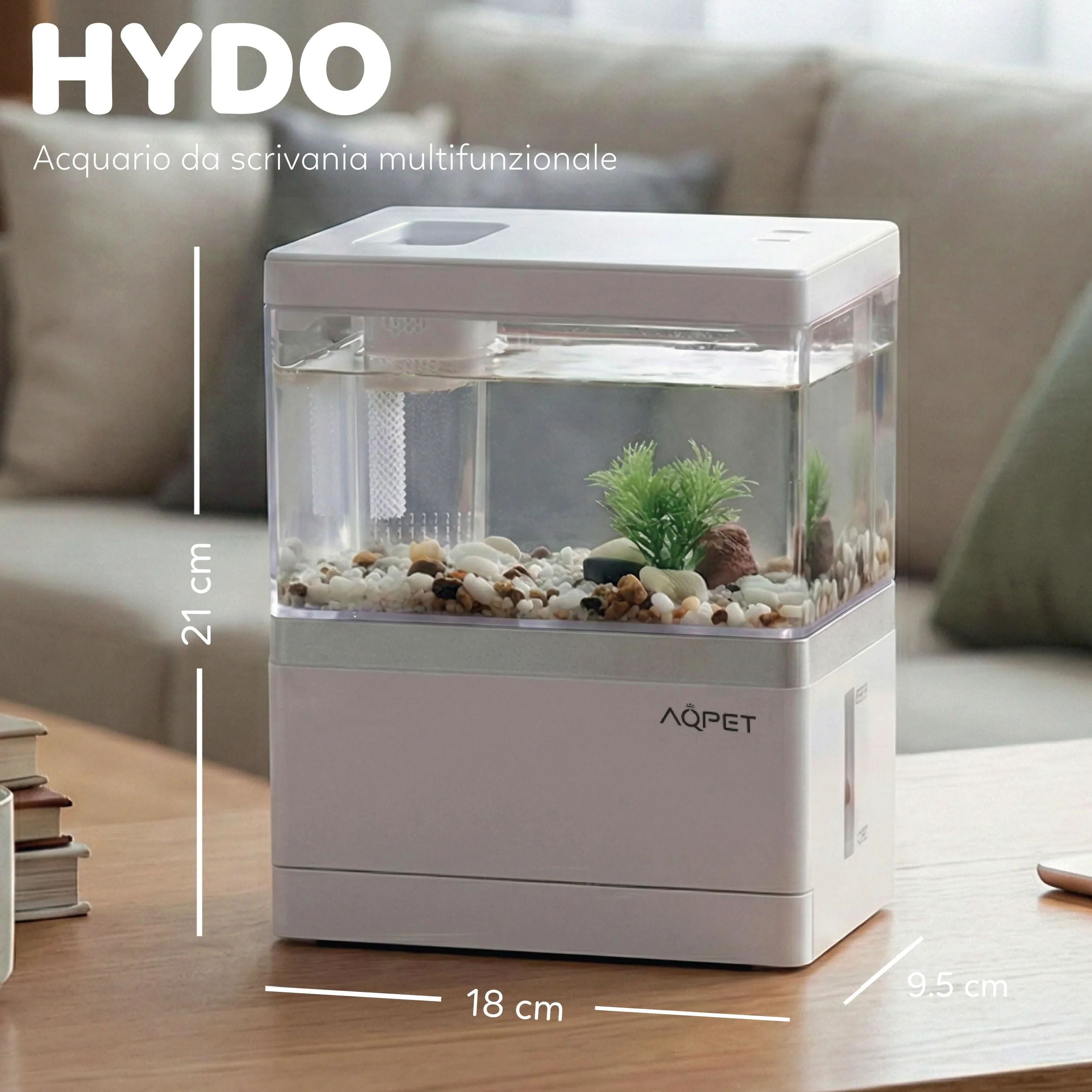 AQPET HYDO Acquario da Scrivania Multifunzionale in Acrilico con Dock Station per Smartphone – Mini Acquario con Pompa e Filtro, LED 5 Modalità e Modulo Idroponico, Ideale per Betta e Caridine