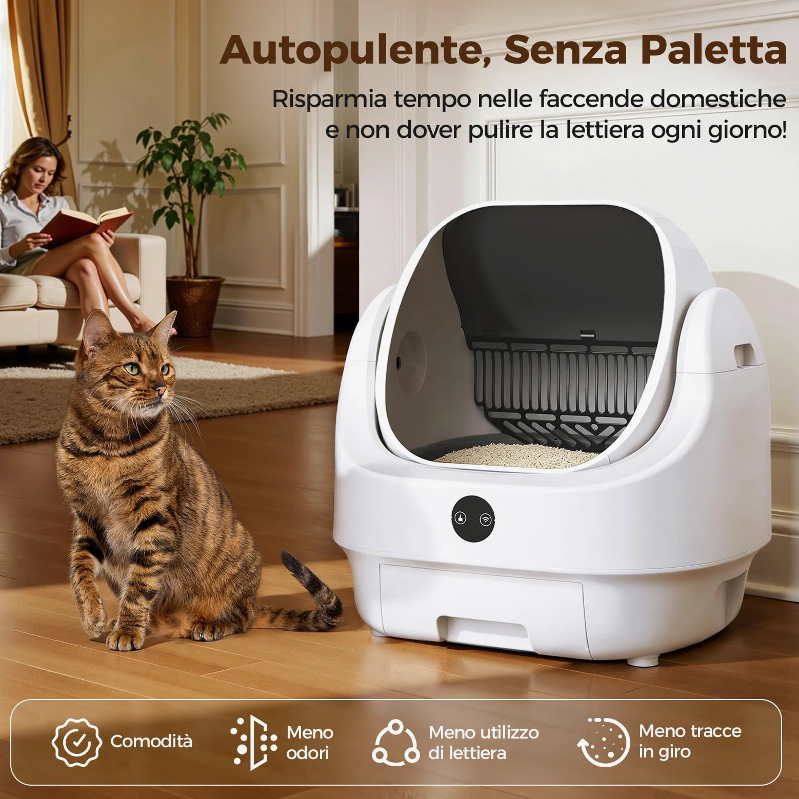 Lettiera Gatto Autopulente Aperta, Ellenpent Lettiera Automatica Silenziosa per Gatti Grandi Antiodore, Cassetta per Gatti Abilitata WiFi Controllo APP&Sicurezza, Ideale per Famiglie con Più Gatti