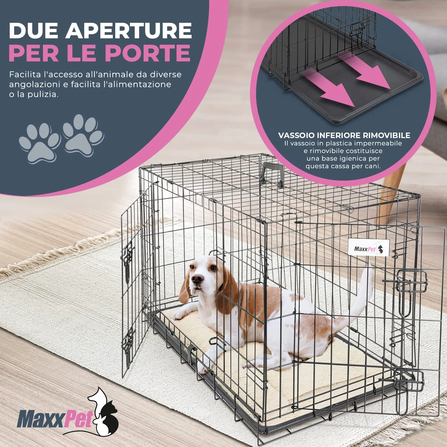 MaxxPet Gabbia Per Cane - Gabbia Cani - Con 2 Porte d’Ingresso - Pieghevole e Trasportabile - Kennel Cane Grande - Incl. cuscino per cane e ciotola - 76x48x53 cm - Nero
