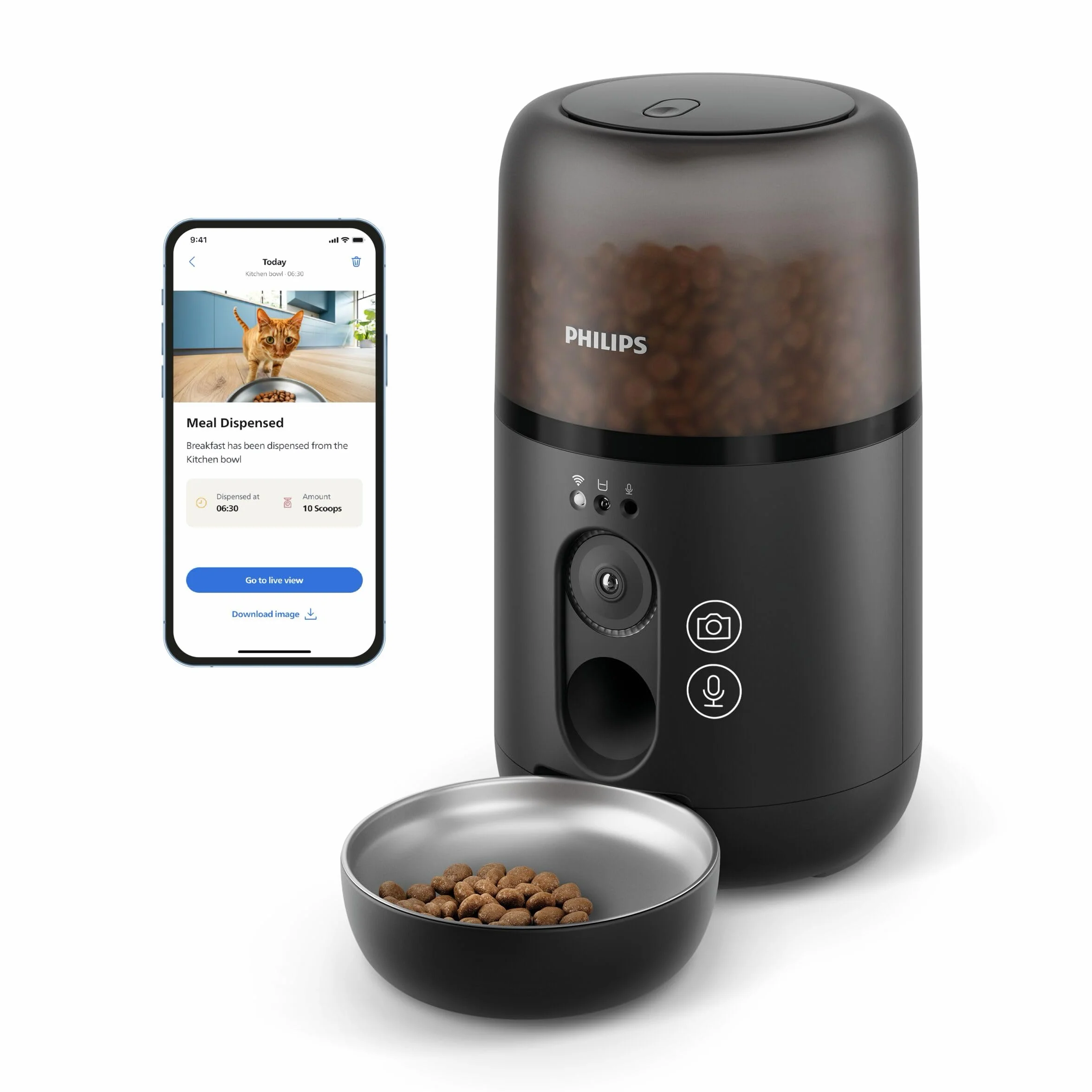 Philips Pet Series Distributore automatico di cibo con videocamera, Rilevazione del movimento, Pianificazione pasti, Avviso di rifornimento, Tecnologia anti-intasamento, Connessione App (PAW5320/02)