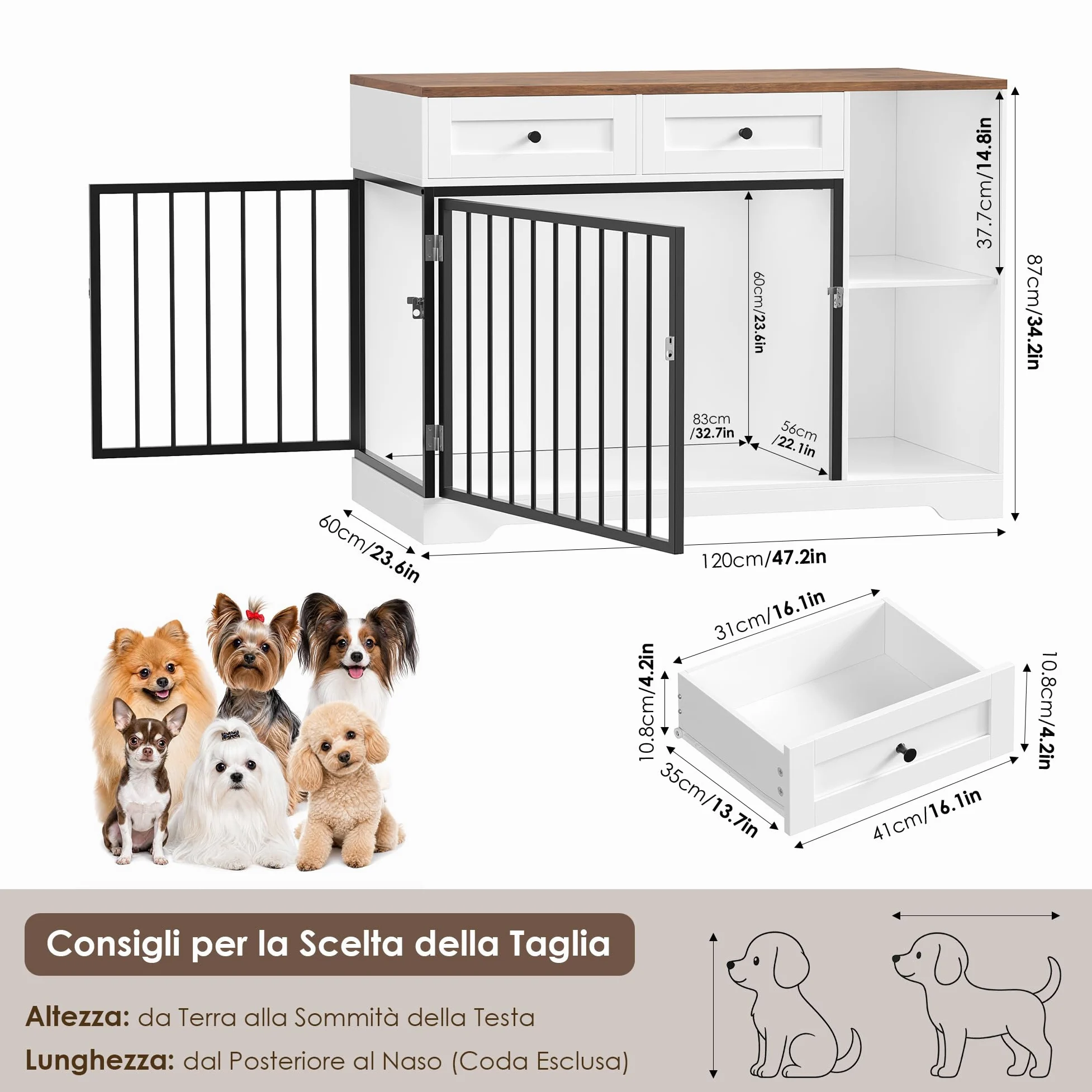 FirFurd 120cm Gabbia per Cani con 2 Porte, Kennel Cane Medio con 2 Cassetti e 2 Scomparti Aperti, Cuccia in Stile Mobili con Stoccaggio in Metallo e Legno, 120x60x87 cm (Bianco+Marrone)